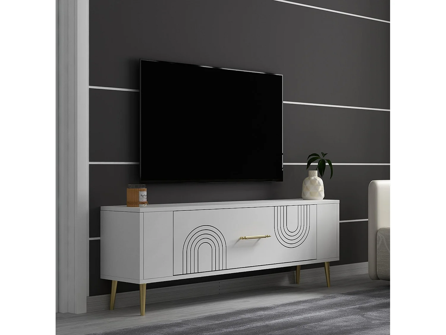 Mobile TV – 120 cm x 48,2 cm x 26,4 cm – Bianco e oro – Pannello truciolare