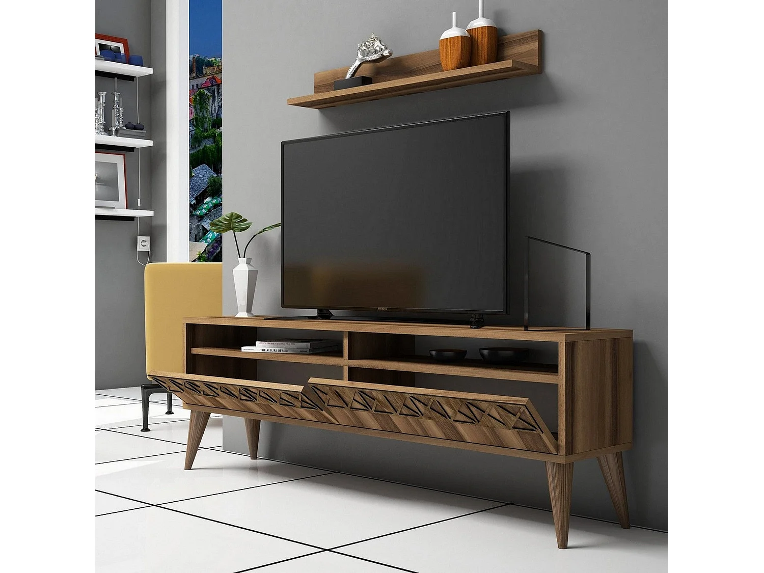 Moderne tv-standaard – 150 cm breed – walnoot – melamine
