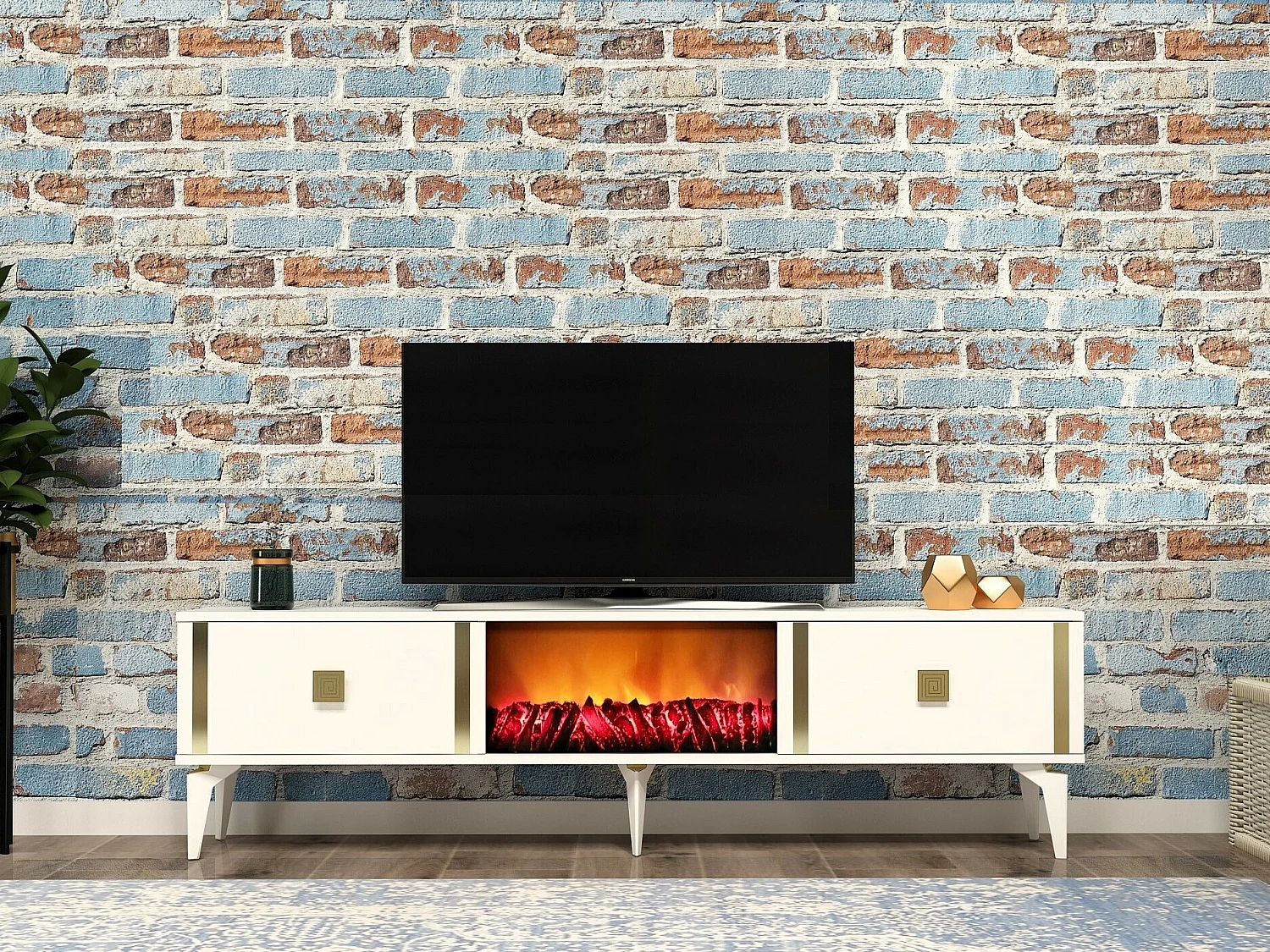 Móvel de TV com Lareira Elétrica – 150 cm – Branco e Dourado – Melamina