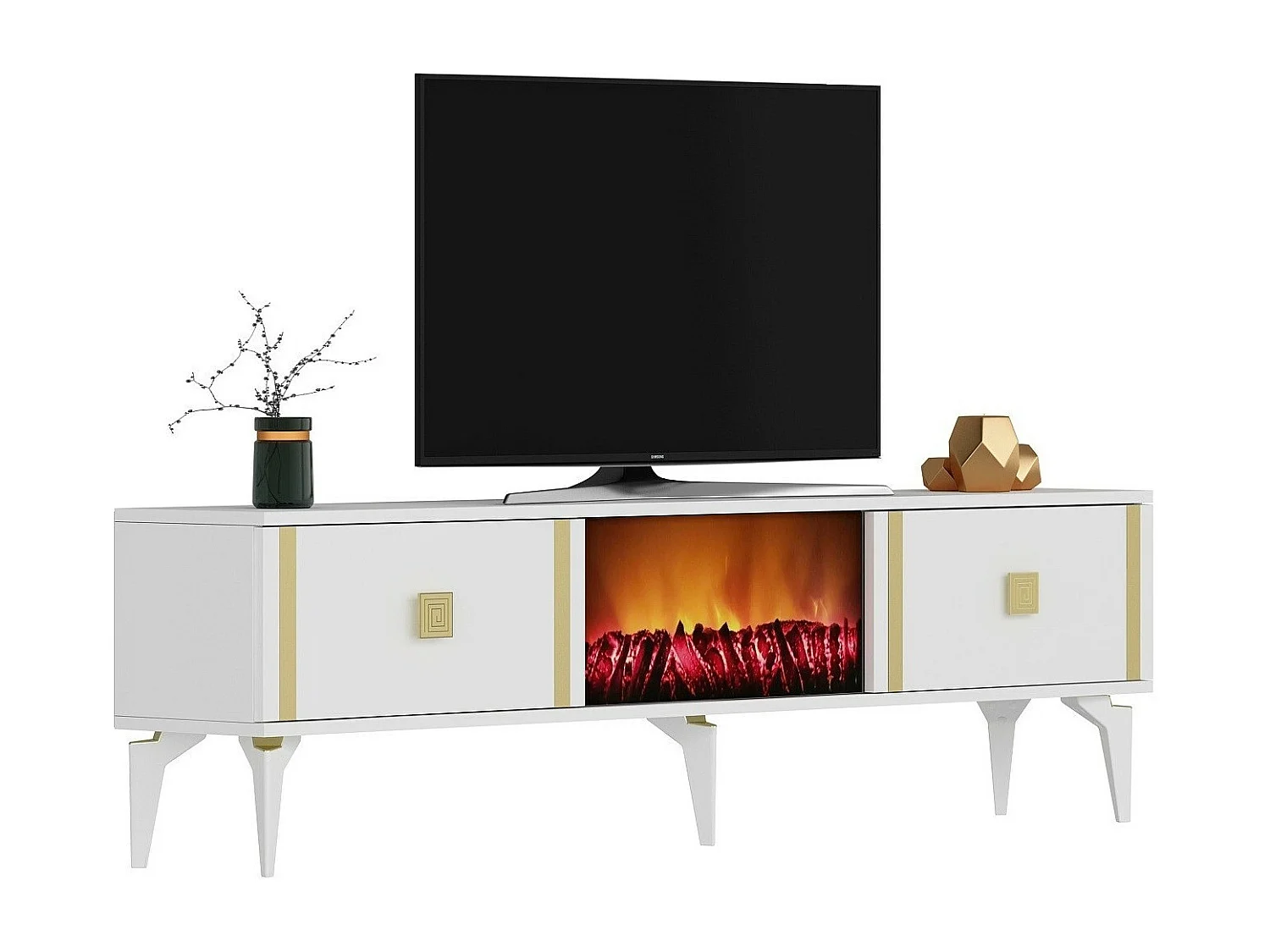 Móvel de TV com Lareira Elétrica – 150 cm – Branco e Dourado – Melamina