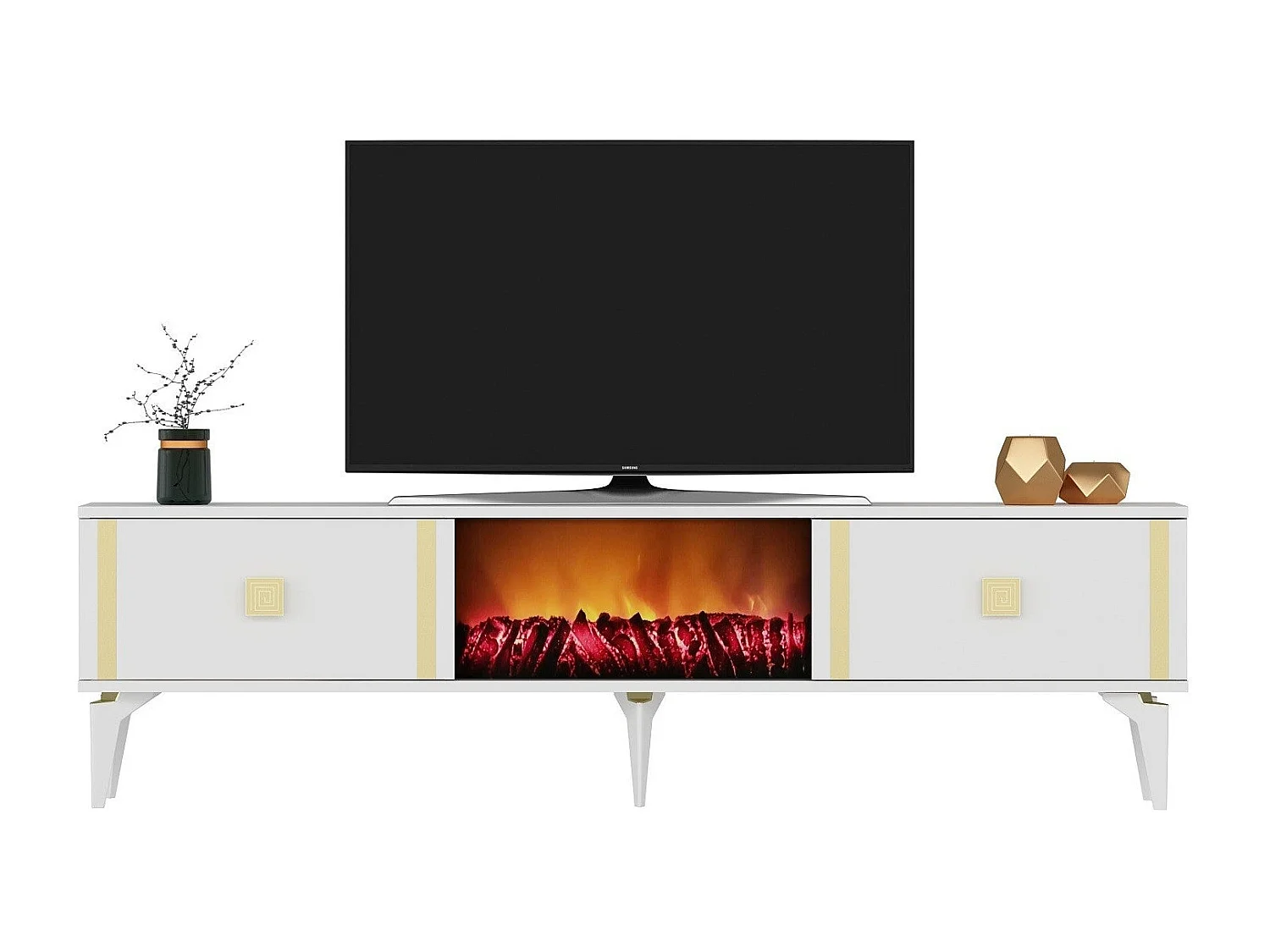 Móvel de TV com Lareira Elétrica – 150 cm – Branco e Dourado – Melamina