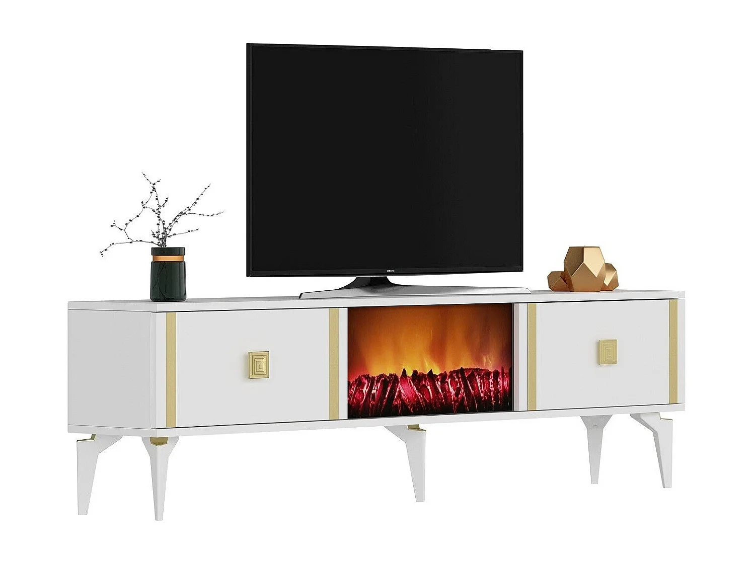 Móvel de TV com Lareira Elétrica – 150 cm – Branco e Dourado – Melamina