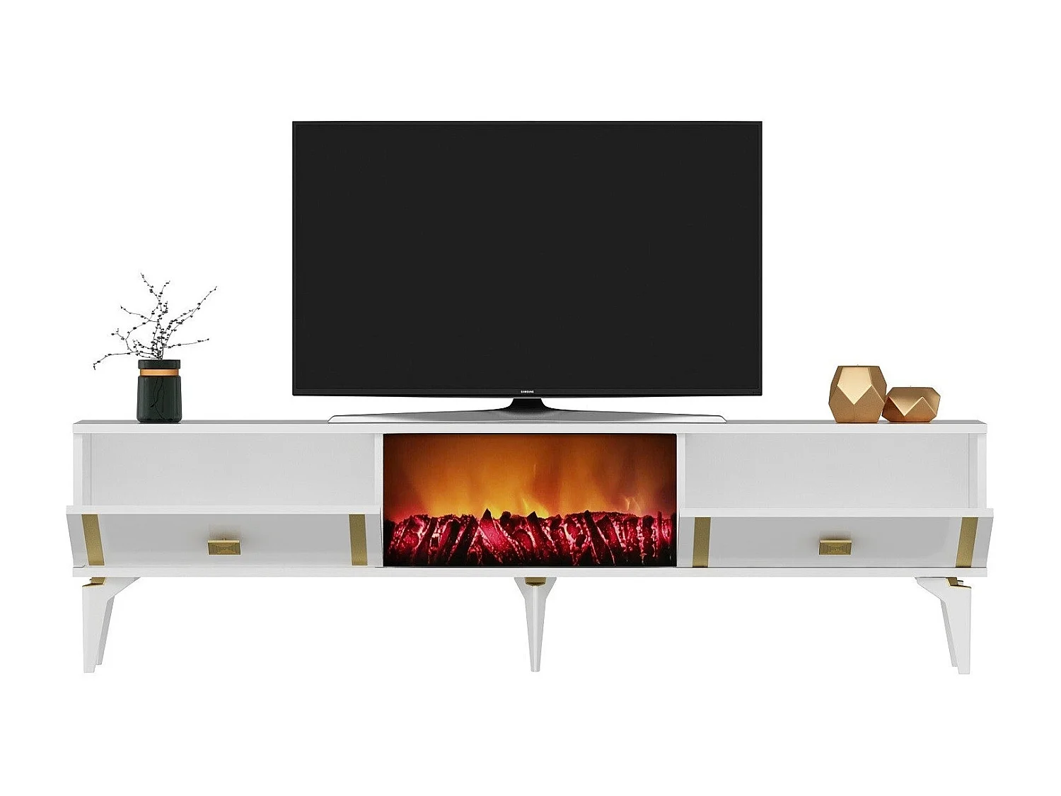 Móvel de TV com Lareira Elétrica – 150 cm – Branco e Dourado – Melamina
