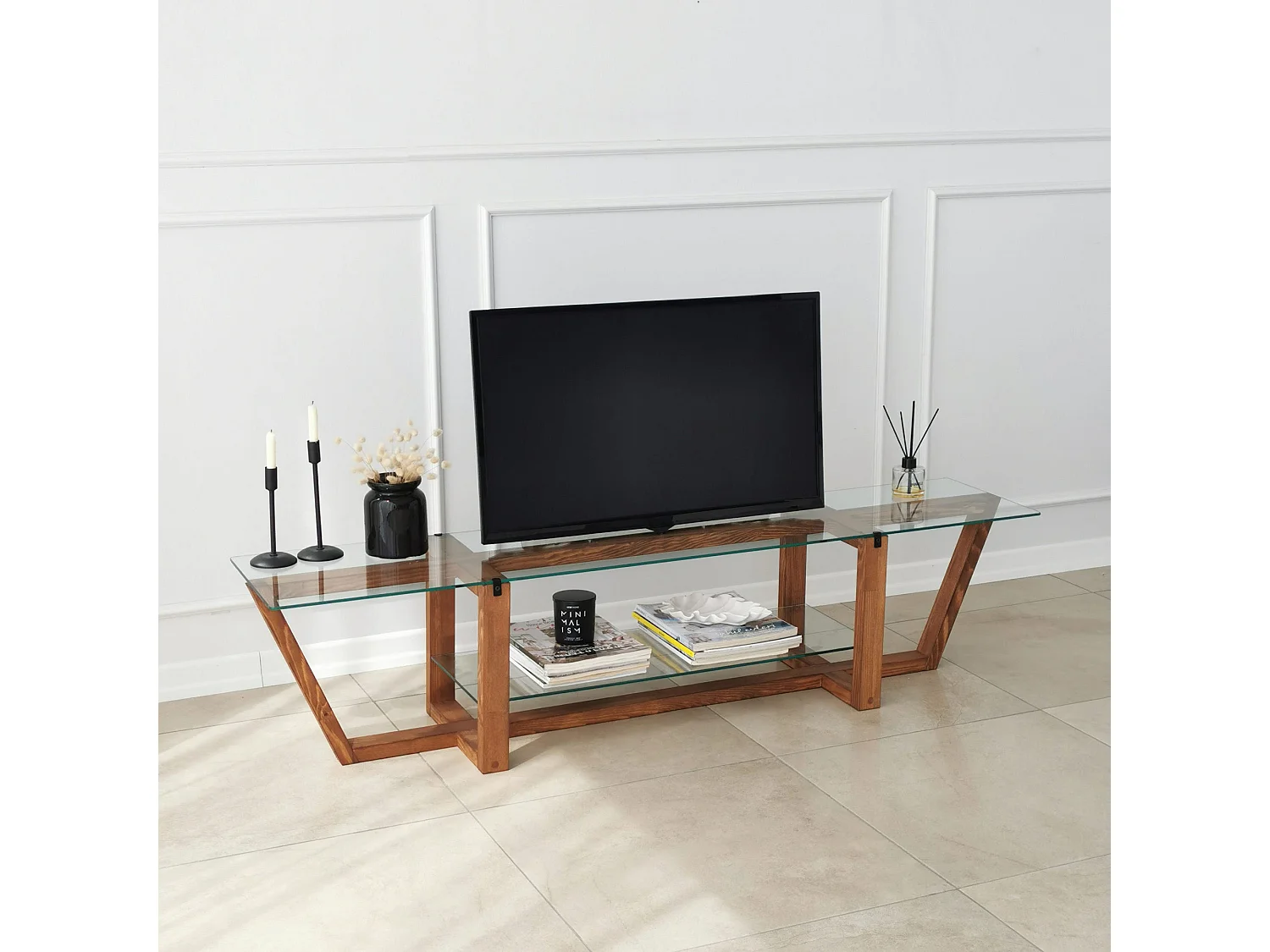 Meuble TV moderne, couleur noyer, 158 x 35 x 35 cm | 100 % verre trempé et pin massif, épaisseur 18 mm | Design scandinave rustique pour salons élégants