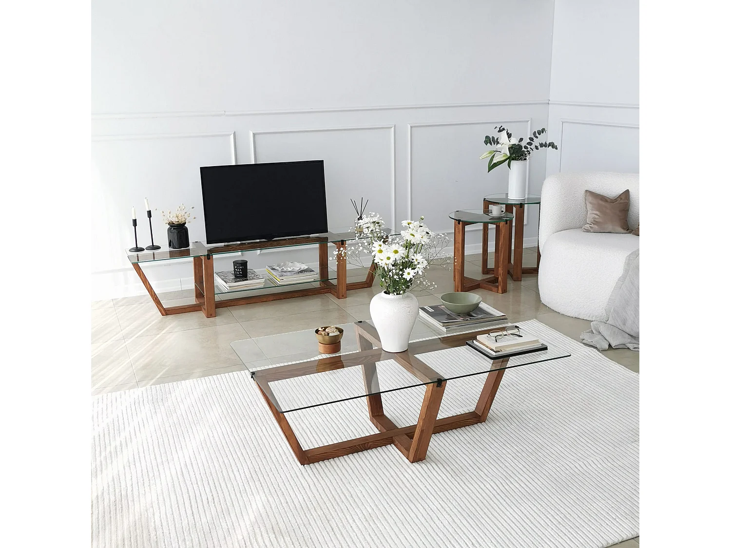 Meuble TV moderne, couleur noyer, 158 x 35 x 35 cm | 100 % verre trempé et pin massif, épaisseur 18 mm | Design scandinave rustique pour salons élégants