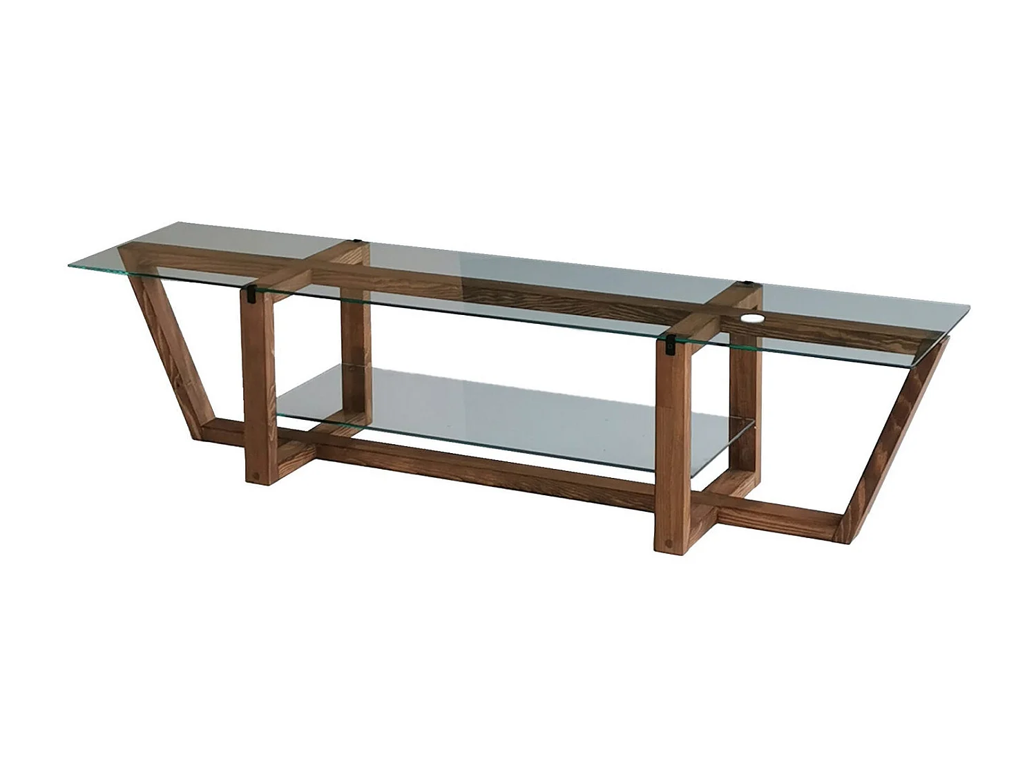 Meuble TV moderne, couleur noyer, 158 x 35 x 35 cm | 100 % verre trempé et pin massif, épaisseur 18 mm | Design scandinave rustique pour salons élégants