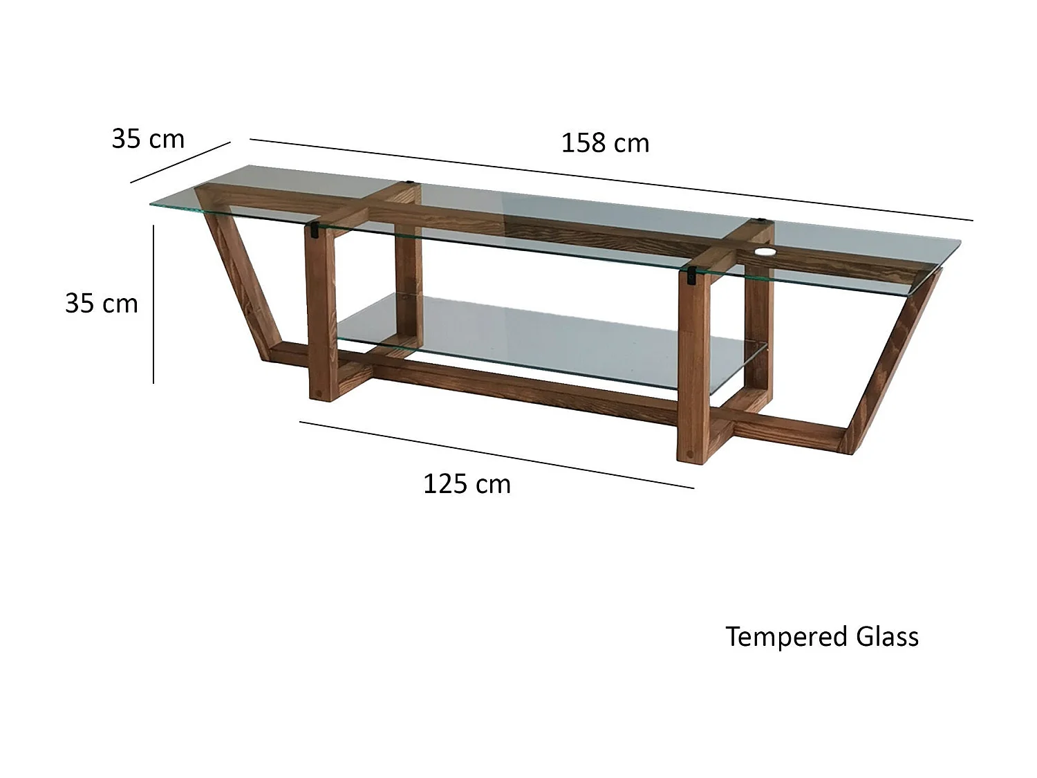Meuble TV moderne, couleur noyer, 158 x 35 x 35 cm | 100 % verre trempé et pin massif, épaisseur 18 mm | Design scandinave rustique pour salons élégants