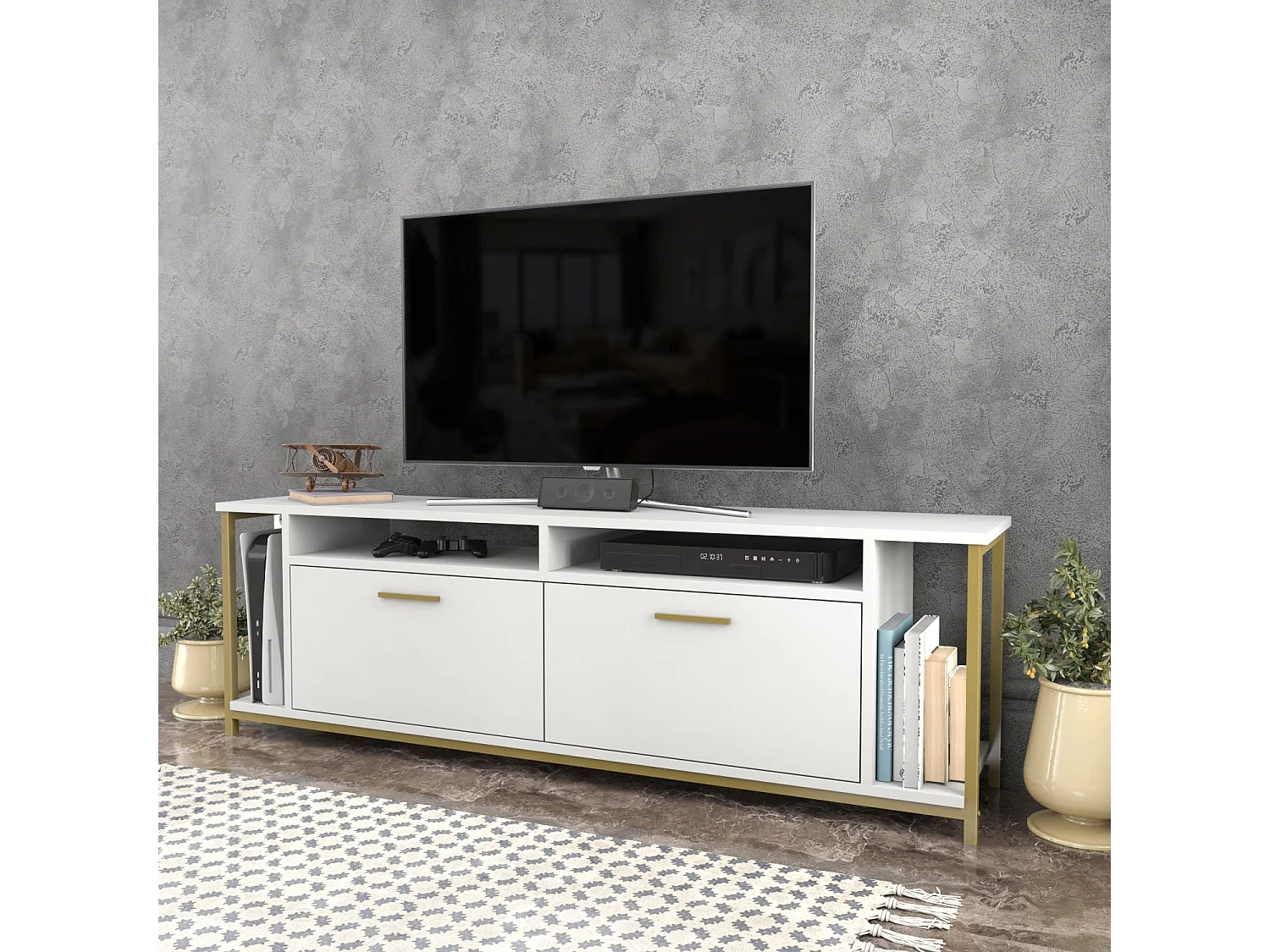 Elegante tv-standaard in wit en goud, 160 x 35 x 50,8 cm | 100% melamine spaanplaat, 18 mm dik | Stijlvol en functioneel voor moderne woonkamers
