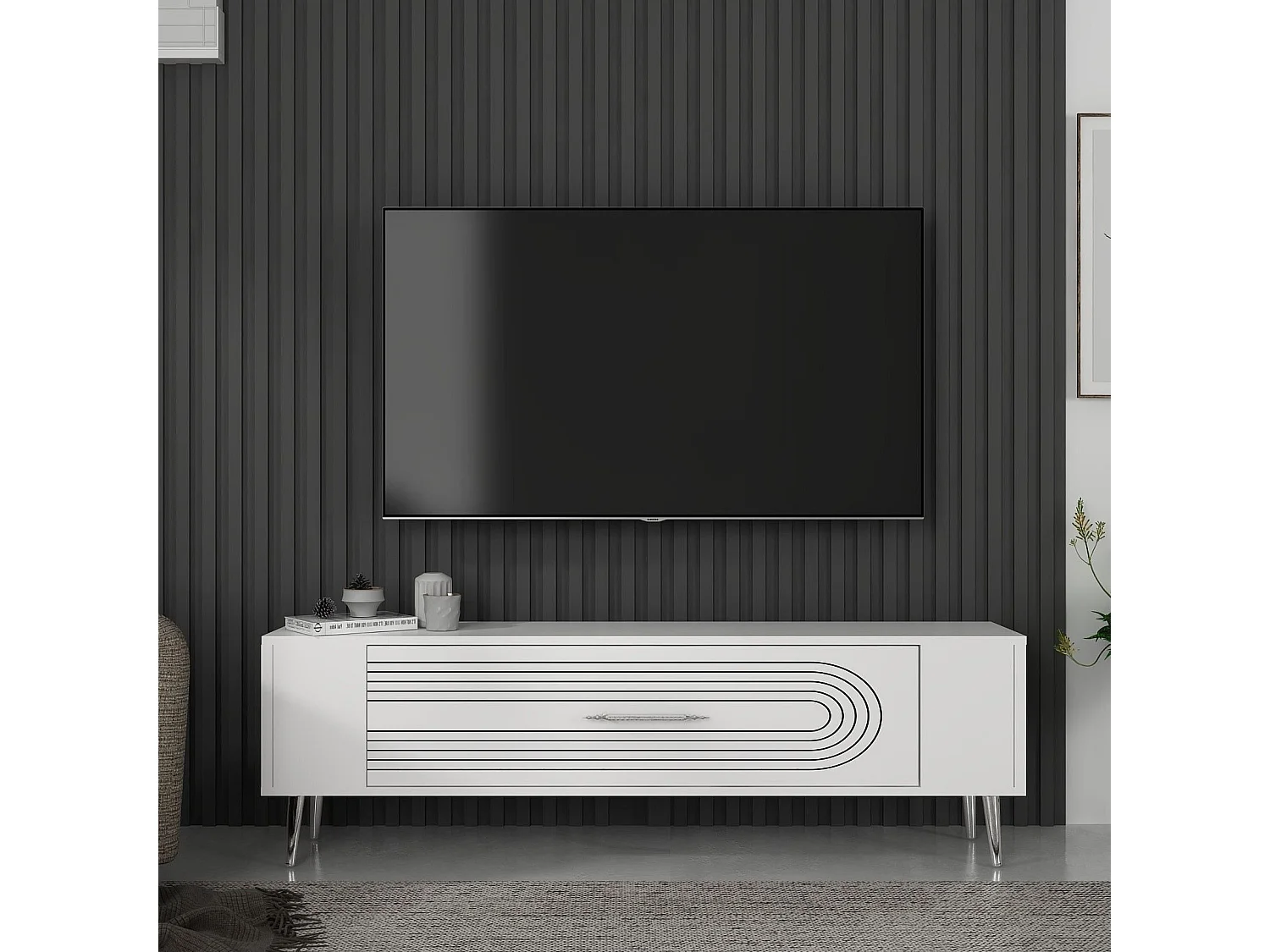 Mobile TV – 120 cm x 48,2 cm x 26,4 cm – Bianco e argento – Pannello truciolare rivestito in melaminico