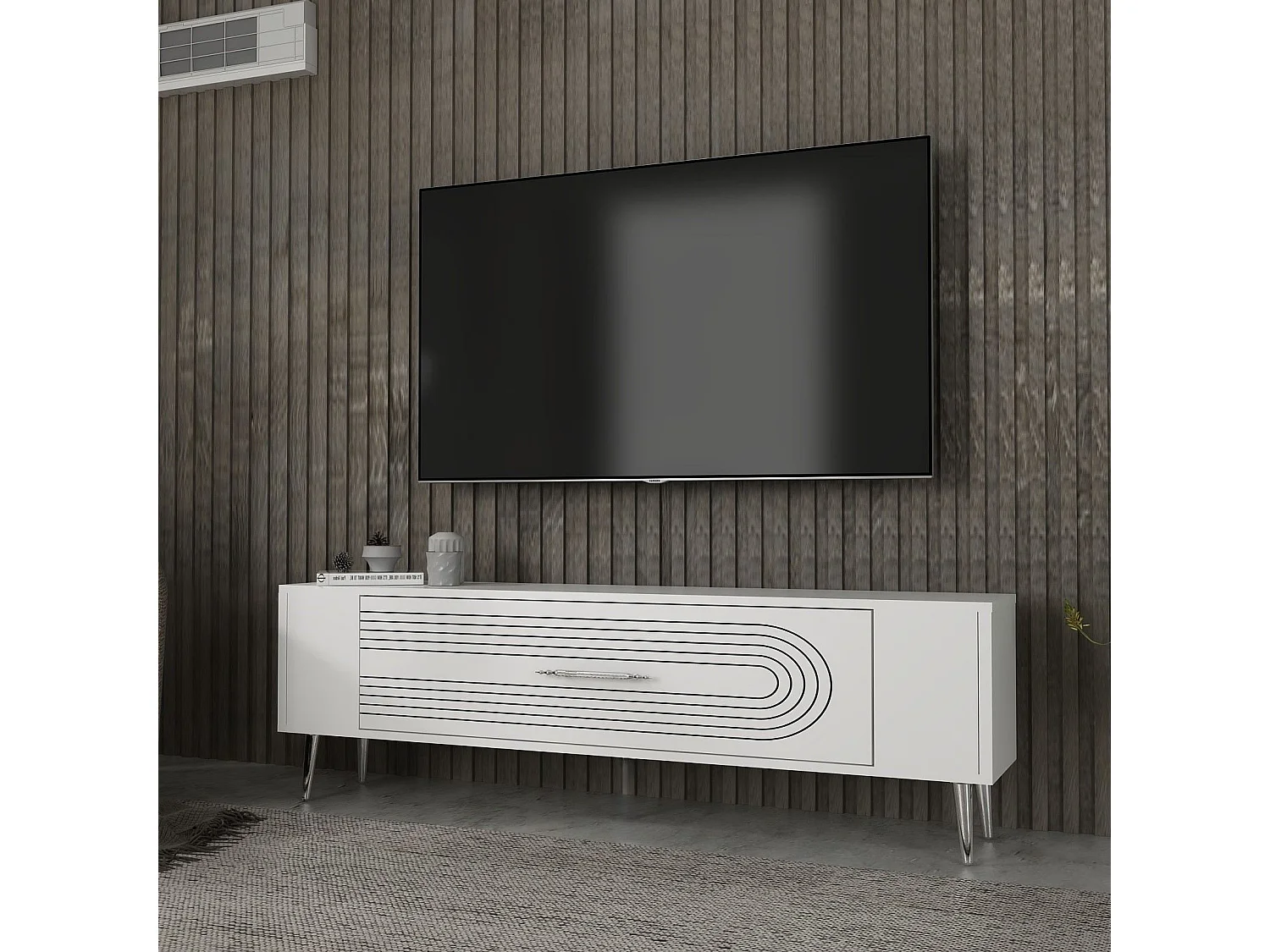 Mobile TV – 120 cm x 48,2 cm x 26,4 cm – Bianco e argento – Pannello truciolare rivestito in melaminico