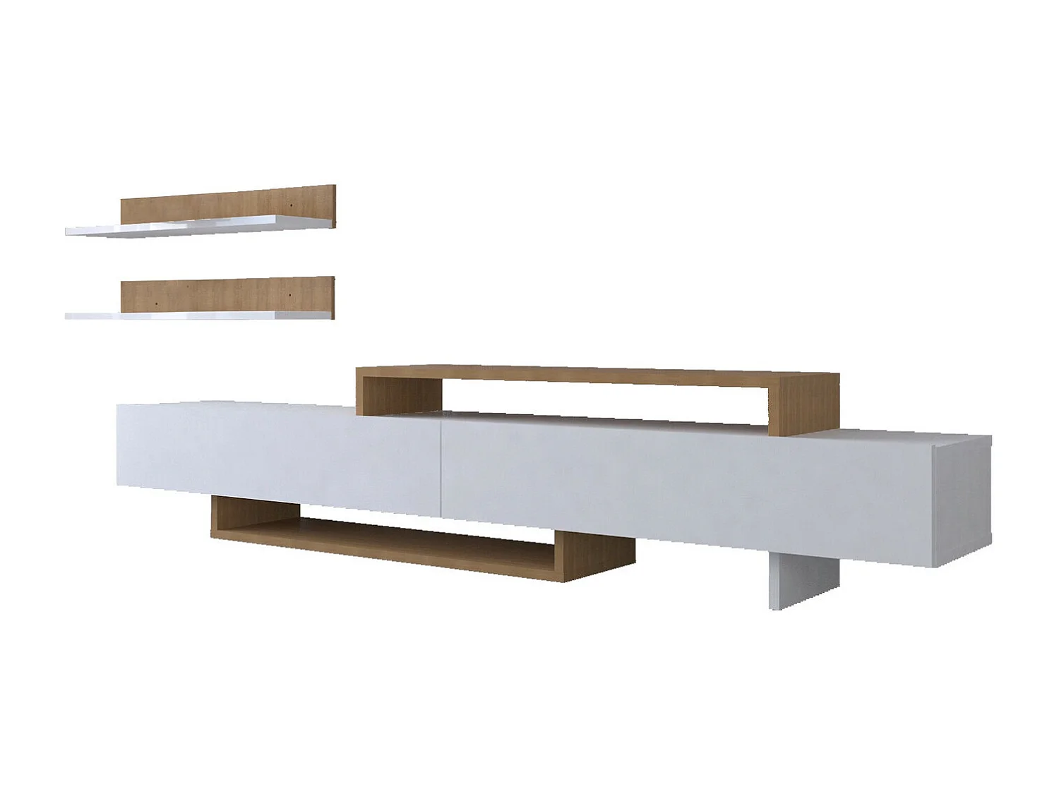 Skandinavischer TV-Ständer – 180 cm – Weiß und Teakholz – Spanplatte