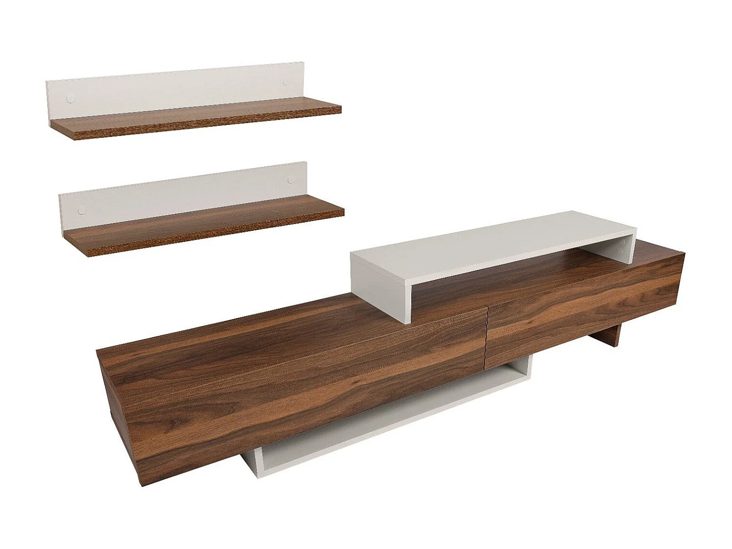 Skandinavischer TV-Ständer – 180 cm – Weiß und Teakholz – Spanplatte