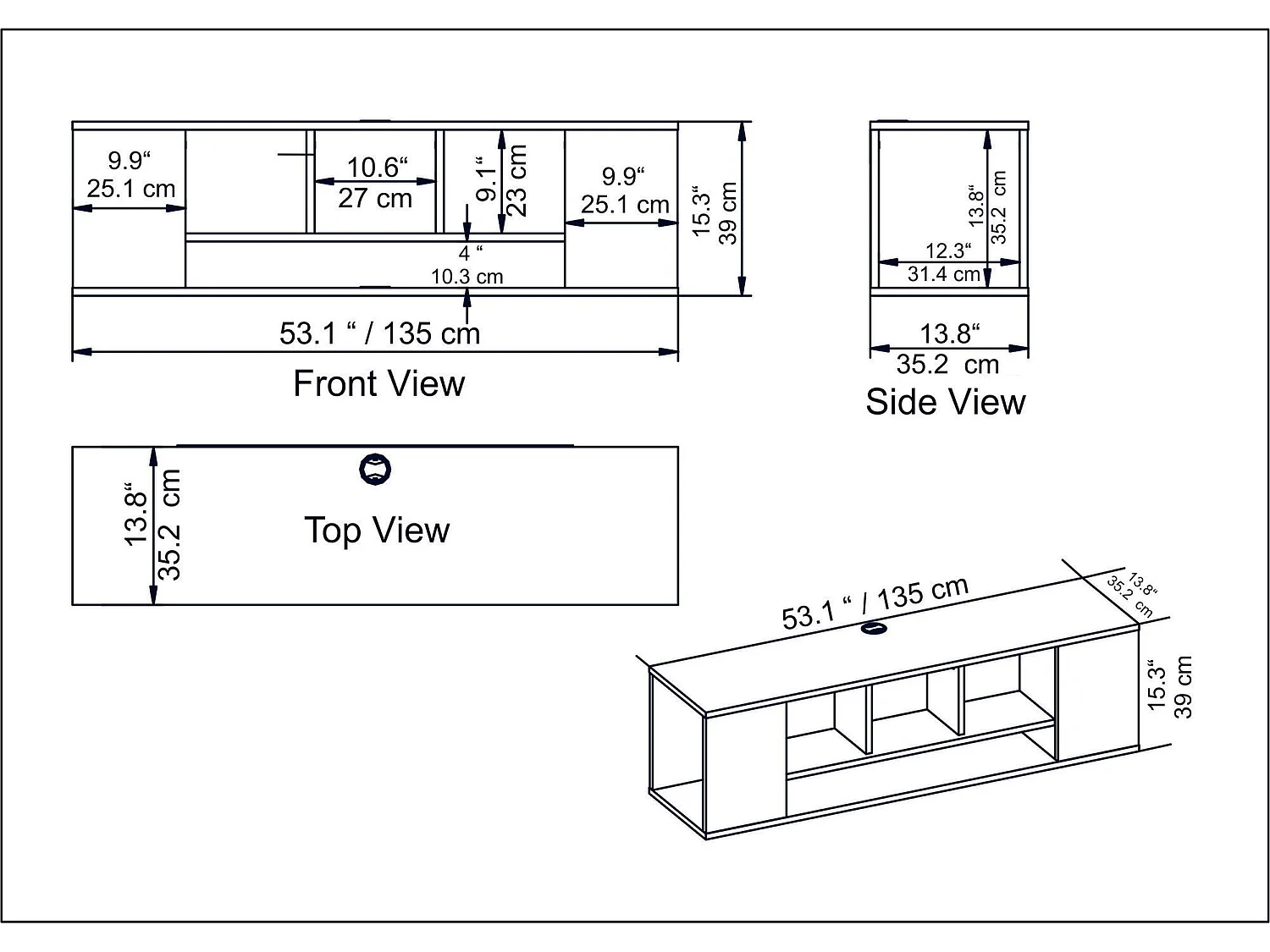 Moderne witte tv-standaard, 135 cm | 100% melamine gecoate spaanplaat, 18 mm dik | Wandmontage, meerdere planken, elegant en functioneel design