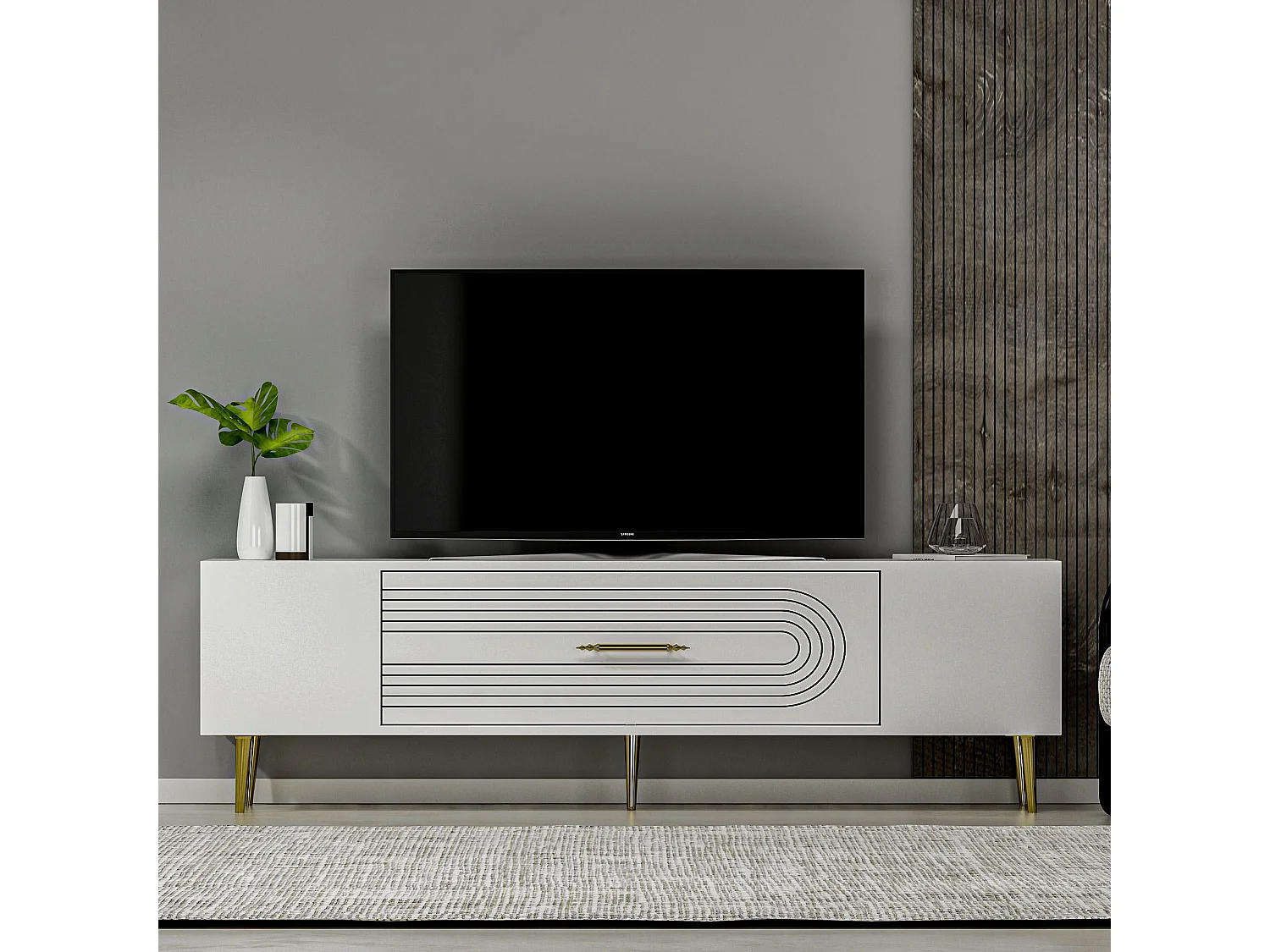 Meuble Tv design 1 porte basculante Steri L150cm Blanc et Or