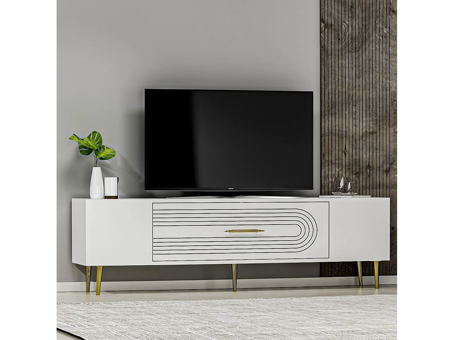 Meuble Tv design 1 porte basculante Steri L150cm Blanc et Or