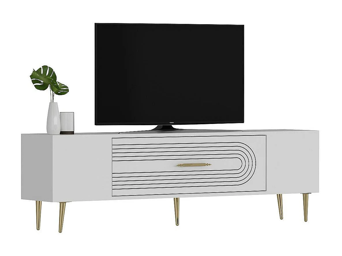 Meuble Tv design 1 porte basculante Steri L150cm Blanc et Or
