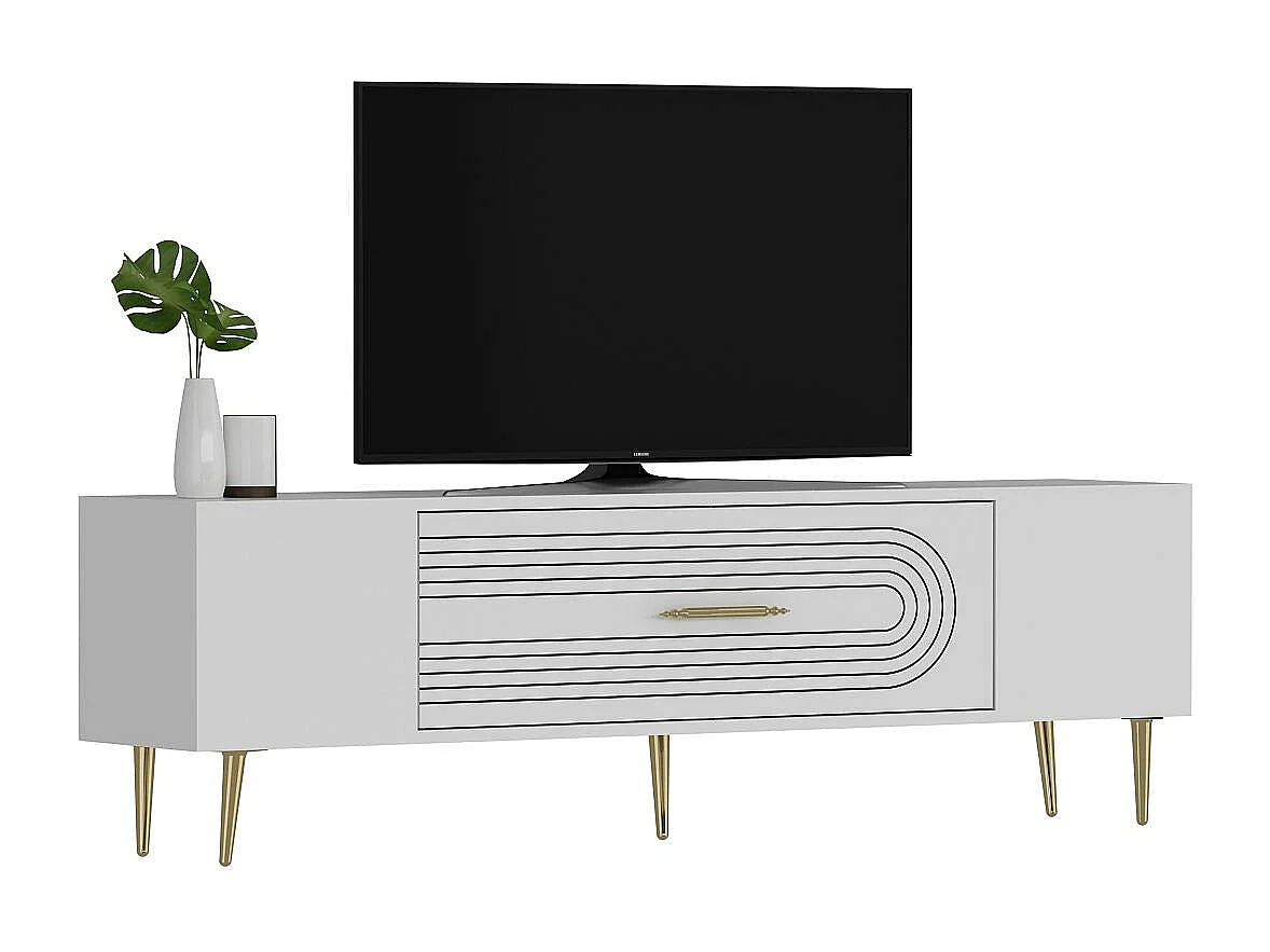 Meuble Tv design 1 porte basculante Steri L150cm Blanc et Or
