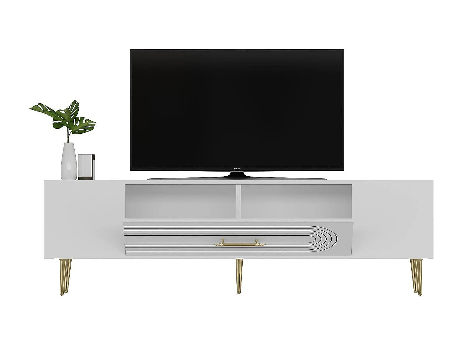 Meuble Tv design 1 porte basculante Steri L150cm Blanc et Or
