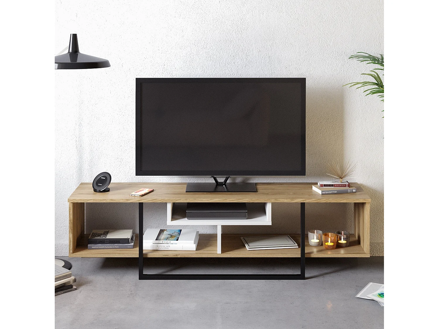 Meuble TV moderne avec fixation murale, 149,4 cm, blanc/noir/chêne | Revêtement 100 % mélaminé, épaisseur 18 mm | Solution de rangement élégante pour votre salon
