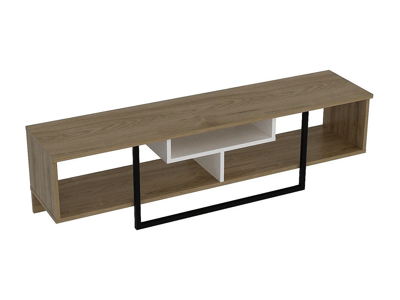 Meuble TV moderne avec fixation murale, 149,4 cm, blanc/noir/chêne | Revêtement 100 % mélaminé, épaisseur 18 mm | Solution de rangement élégante pour votre salon