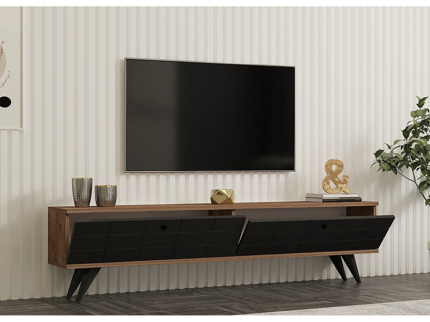 TV-Ständer – 160 cm – Atlantische Kiefer und Anthrazit – Massivholz und Melamin