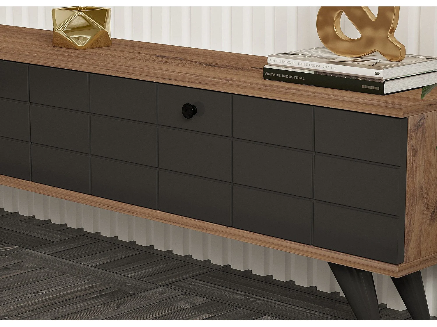 Meuble TV contemporain 2 portes Sassox L160cm Bois foncé et Anthracite