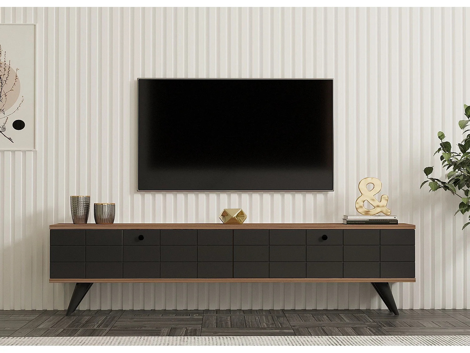 TV-bänk – 160 cm – Atlantic Pine och Antracit – Massivt trä och Melamin