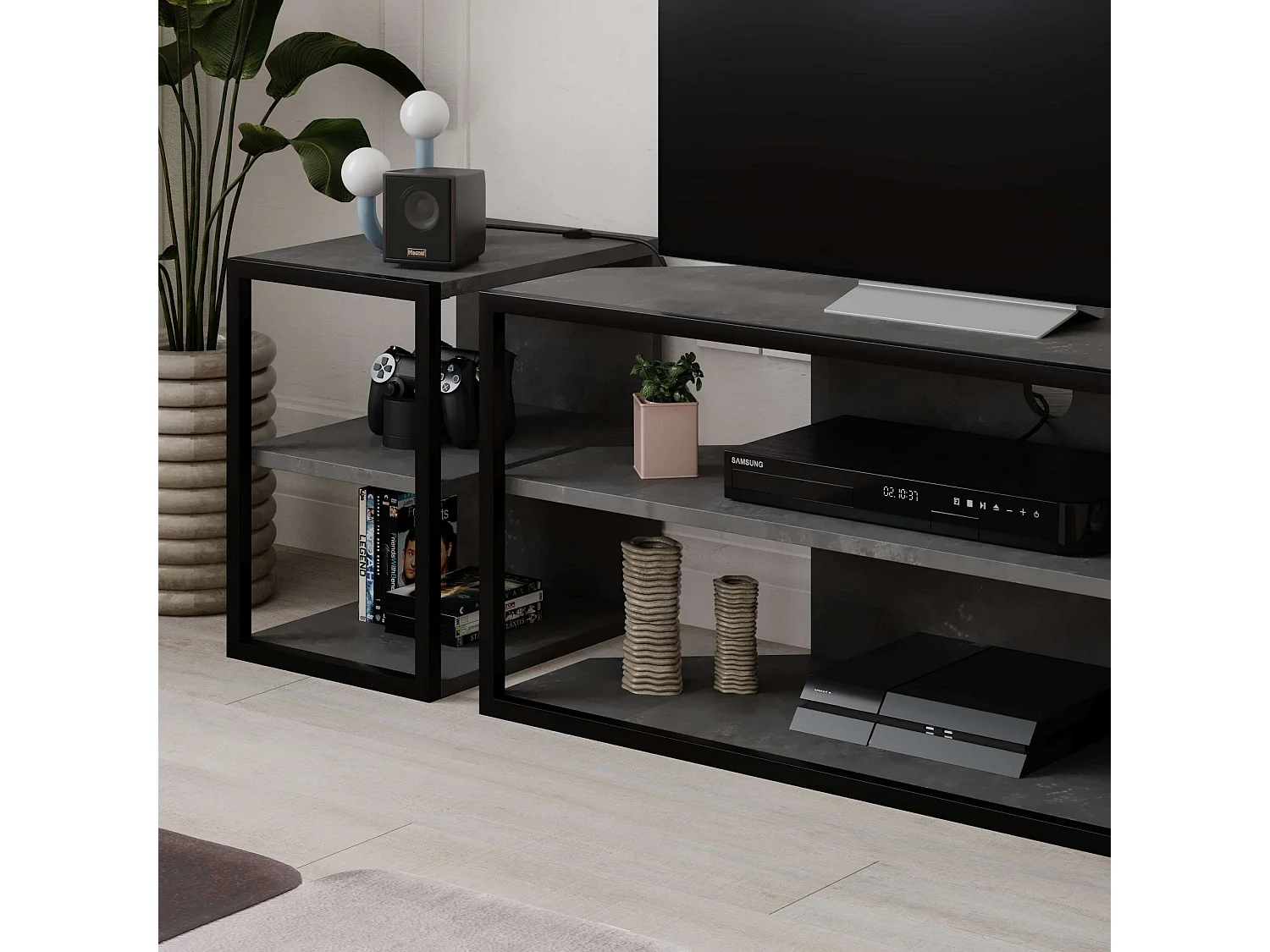 TV-meubel – 98 cm x 45 cm x 37 cm – Retrogrijs – Melamine gecoate spaanplaat