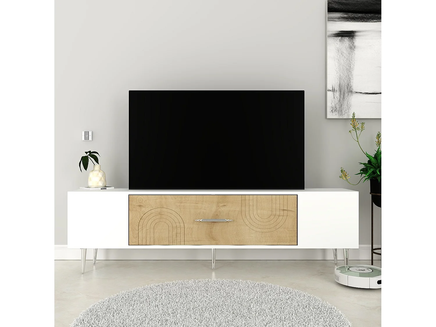 TV-Ständer – 150 cm x 48,2 cm x 29,6 cm – Saphir-Eiche, Weiß, Silber – Melaminbeschichtete Spanplatte