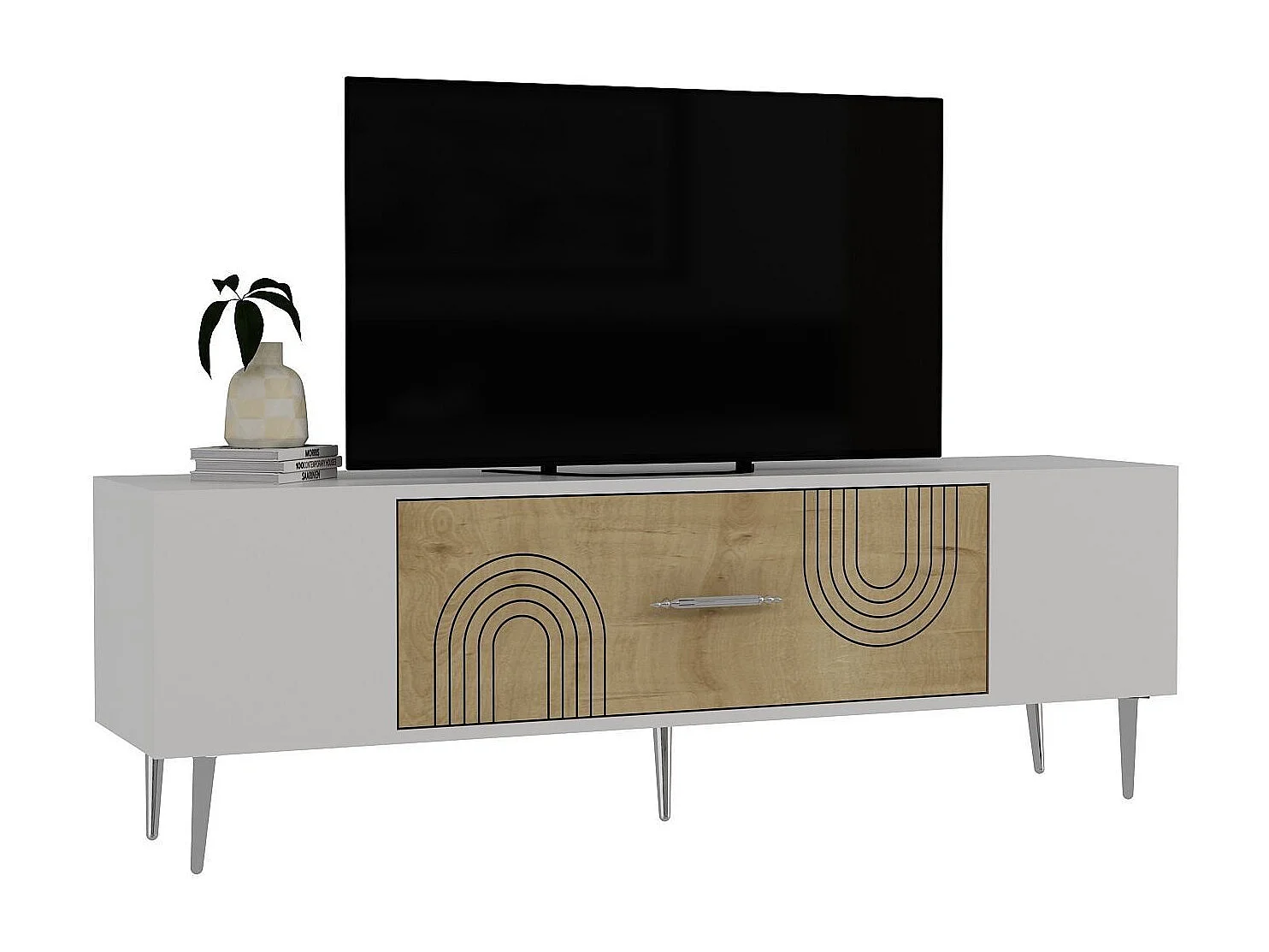 TV-Ständer – 150 cm x 48,2 cm x 29,6 cm – Saphir-Eiche, Weiß, Silber – Melaminbeschichtete Spanplatte