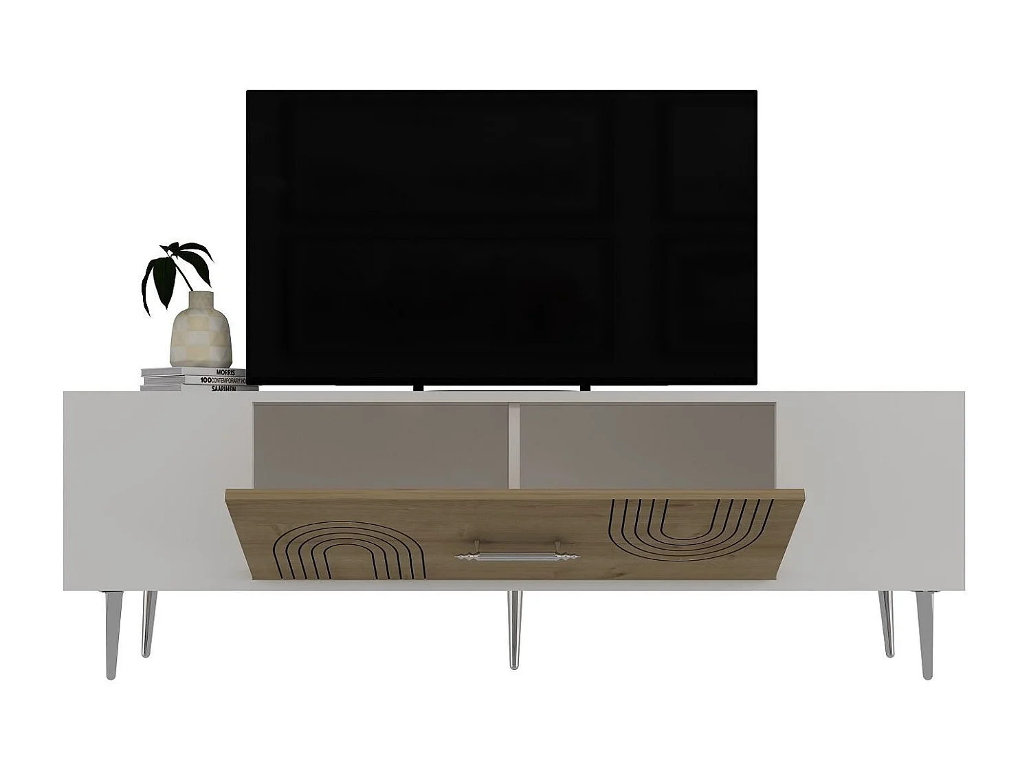 TV-Ständer – 150 cm x 48,2 cm x 29,6 cm – Saphir-Eiche, Weiß, Silber – Melaminbeschichtete Spanplatte
