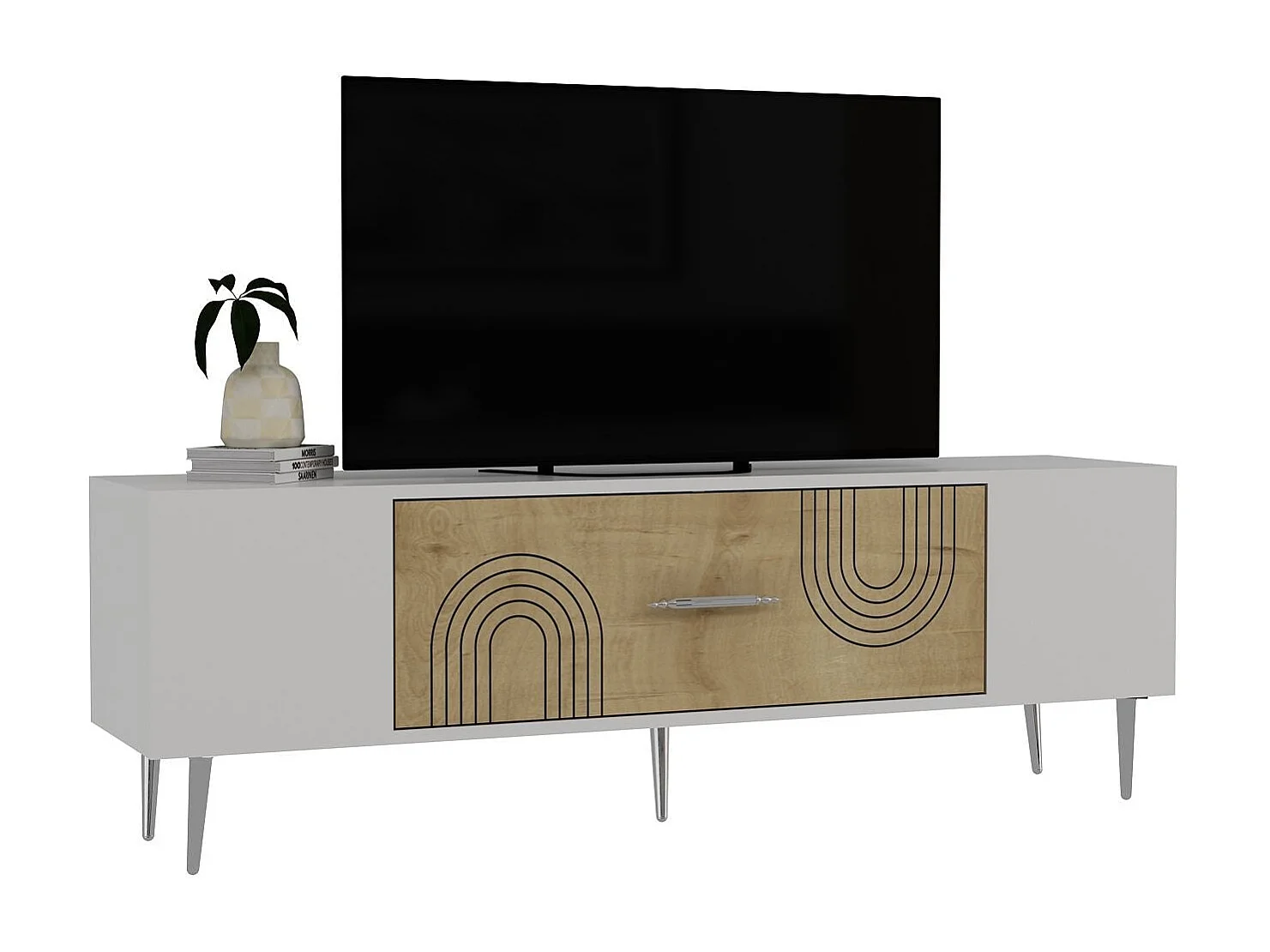 TV-Ständer – 150 cm x 48,2 cm x 29,6 cm – Saphir-Eiche, Weiß, Silber – Melaminbeschichtete Spanplatte