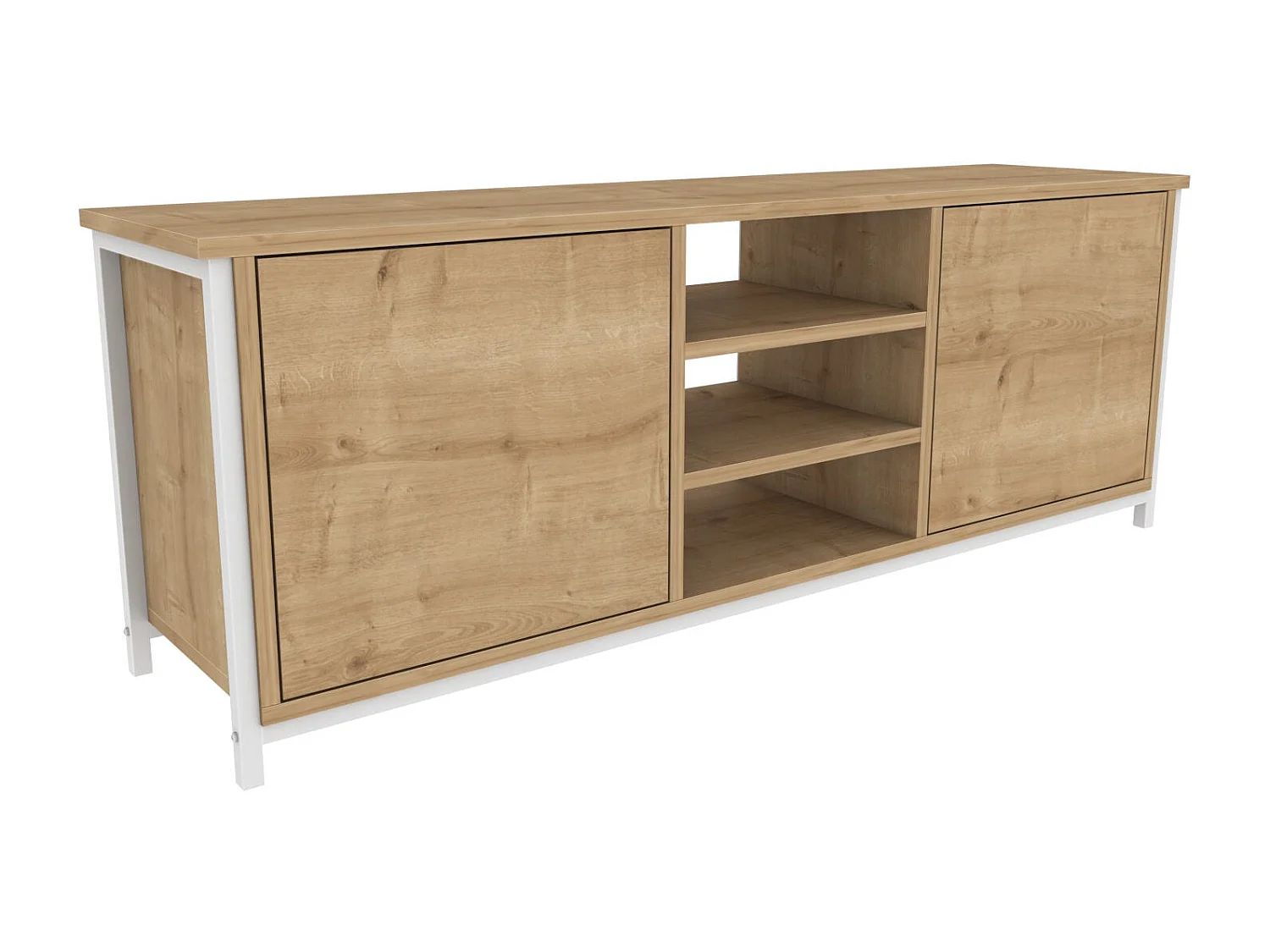 Scandinavische tv-standaard, wit en eiken, 140 x 35,3 x 50,8 cm | 100% melamine gecoate spaanplaat, 18 mm dik | Stijlvol en functioneel voor moderne woonkamers