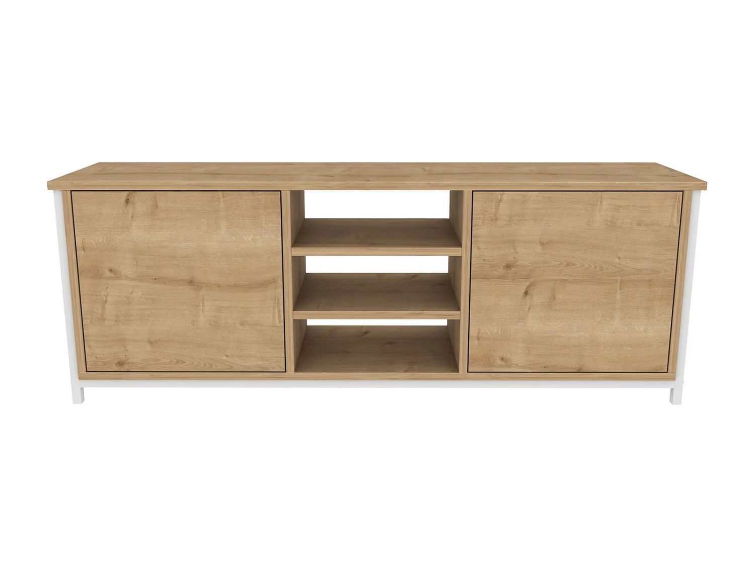 Scandinavische tv-standaard, wit en eiken, 140 x 35,3 x 50,8 cm | 100% melamine gecoate spaanplaat, 18 mm dik | Stijlvol en functioneel voor moderne woonkamers