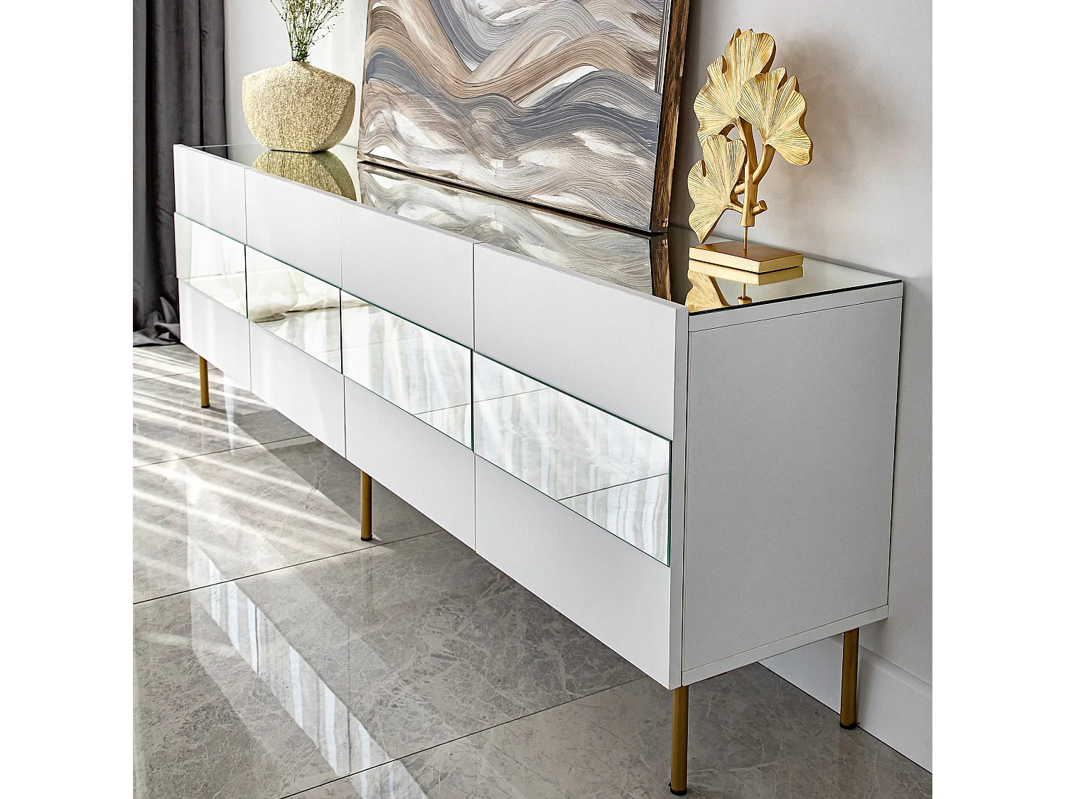 Meuble TV élégant blanc et doré, 180 x 35 x 59 cm | Panneau de particules 100 % mélaminé, épaisseur 18 mm | Élégant et fonctionnel pour un salon moderne