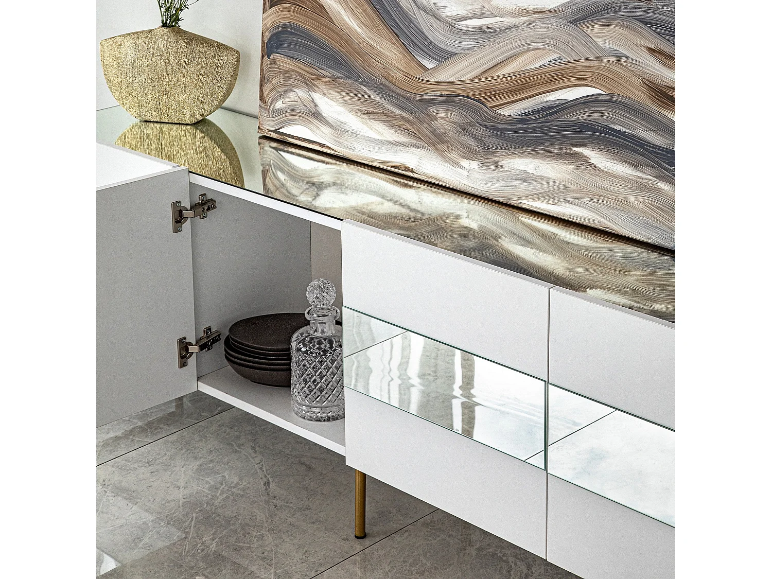 Meuble TV élégant blanc et doré, 180 x 35 x 59 cm | Panneau de particules 100 % mélaminé, épaisseur 18 mm | Élégant et fonctionnel pour un salon moderne