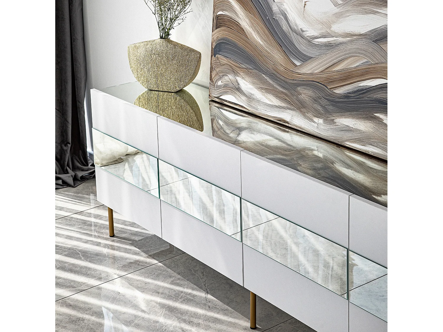 Meuble TV élégant blanc et doré, 180 x 35 x 59 cm | Panneau de particules 100 % mélaminé, épaisseur 18 mm | Élégant et fonctionnel pour un salon moderne