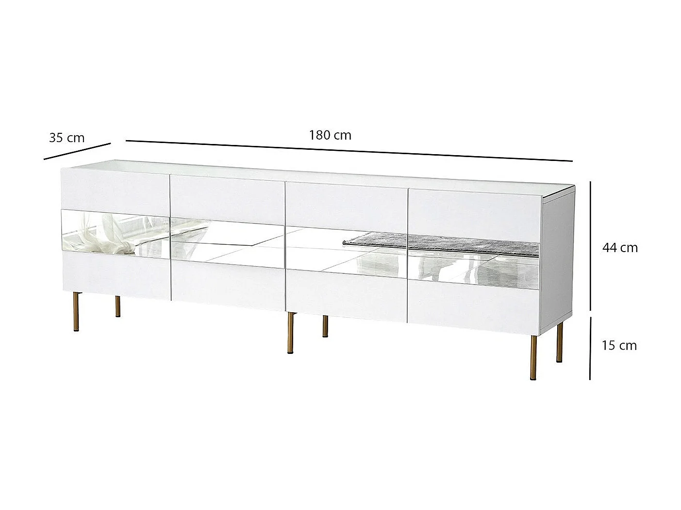 Meuble TV élégant blanc et doré, 180 x 35 x 59 cm | Panneau de particules 100 % mélaminé, épaisseur 18 mm | Élégant et fonctionnel pour un salon moderne