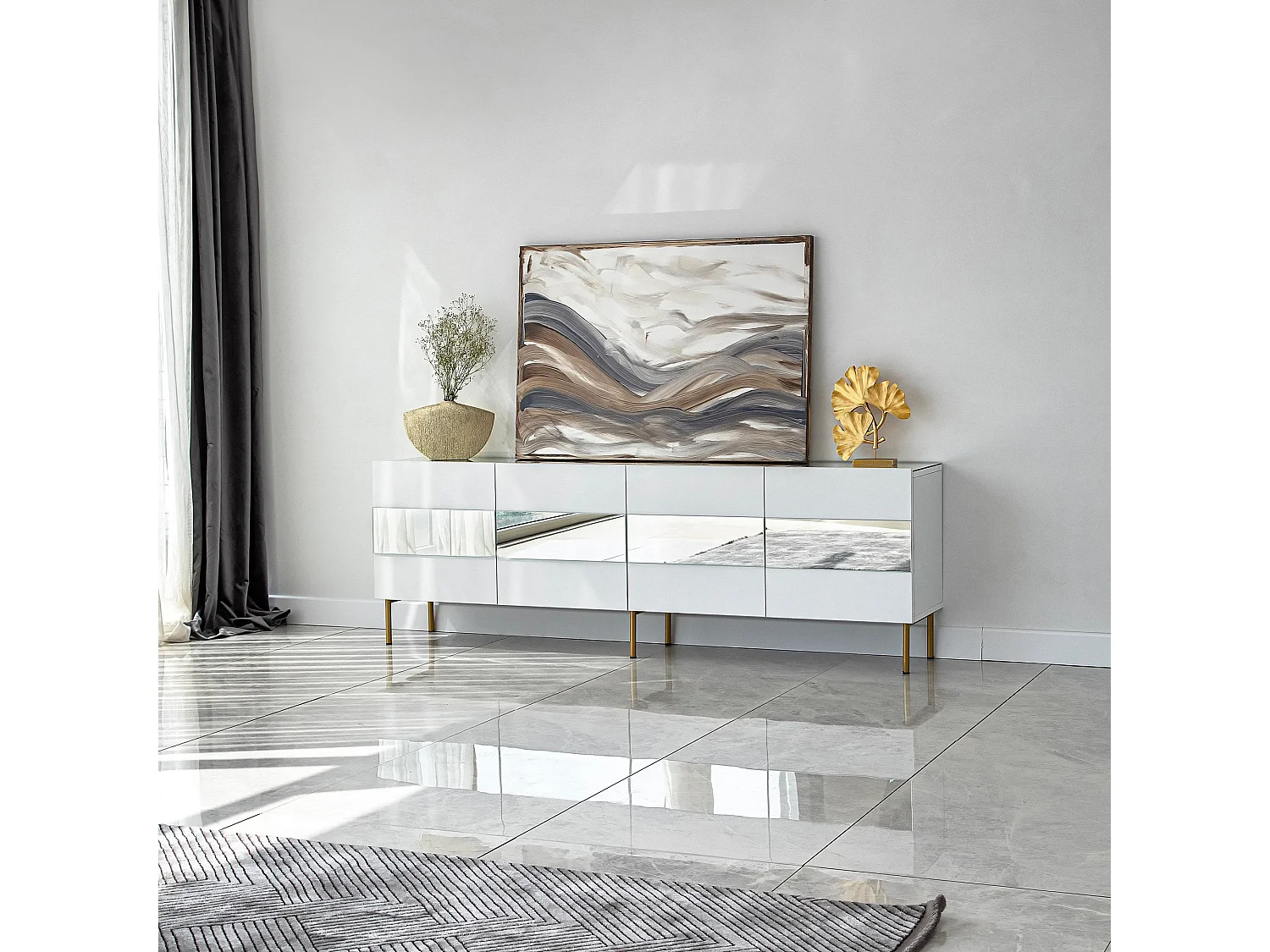 Meuble TV élégant blanc et doré, 180 x 35 x 59 cm | Panneau de particules 100 % mélaminé, épaisseur 18 mm | Élégant et fonctionnel pour un salon moderne