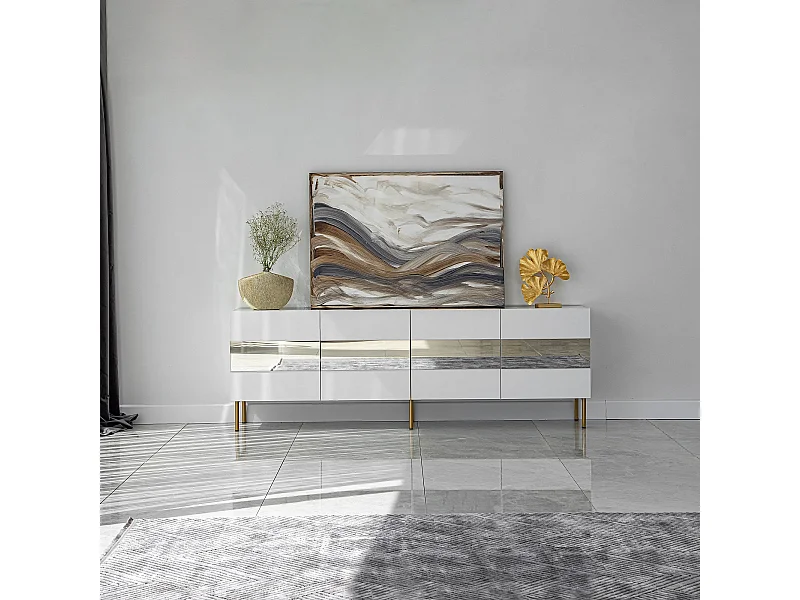 Meuble TV élégant blanc et doré, 180 x 35 x 59 cm | Panneau de particules 100 % mélaminé, épaisseur 18 mm | Élégant et fonctionnel pour un salon moderne