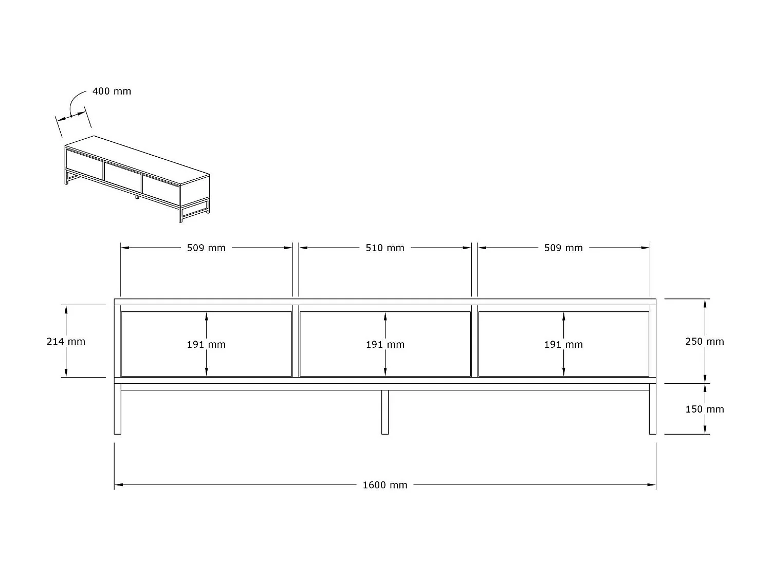 TV-Ständer – 160 cm x 40 cm x 40 cm – Schwarz, Anthrazit und Saphir – Melamin