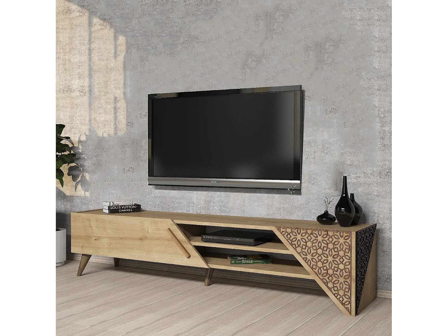 Meuble TV – 180 cm de large – Chêne – Panneaux de particules mélaminés