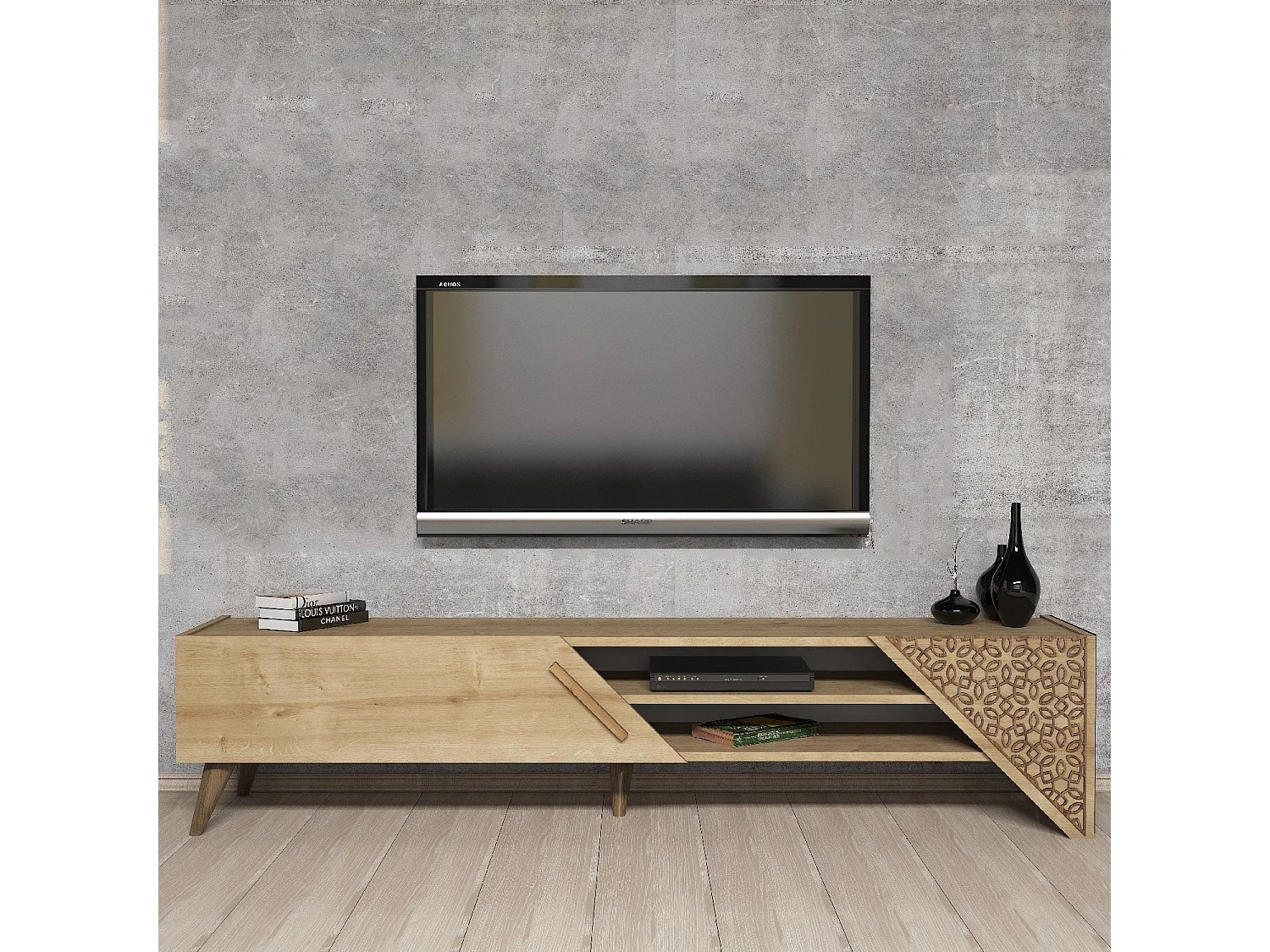 Meuble TV – 180 cm de large – Chêne – Panneaux de particules mélaminés