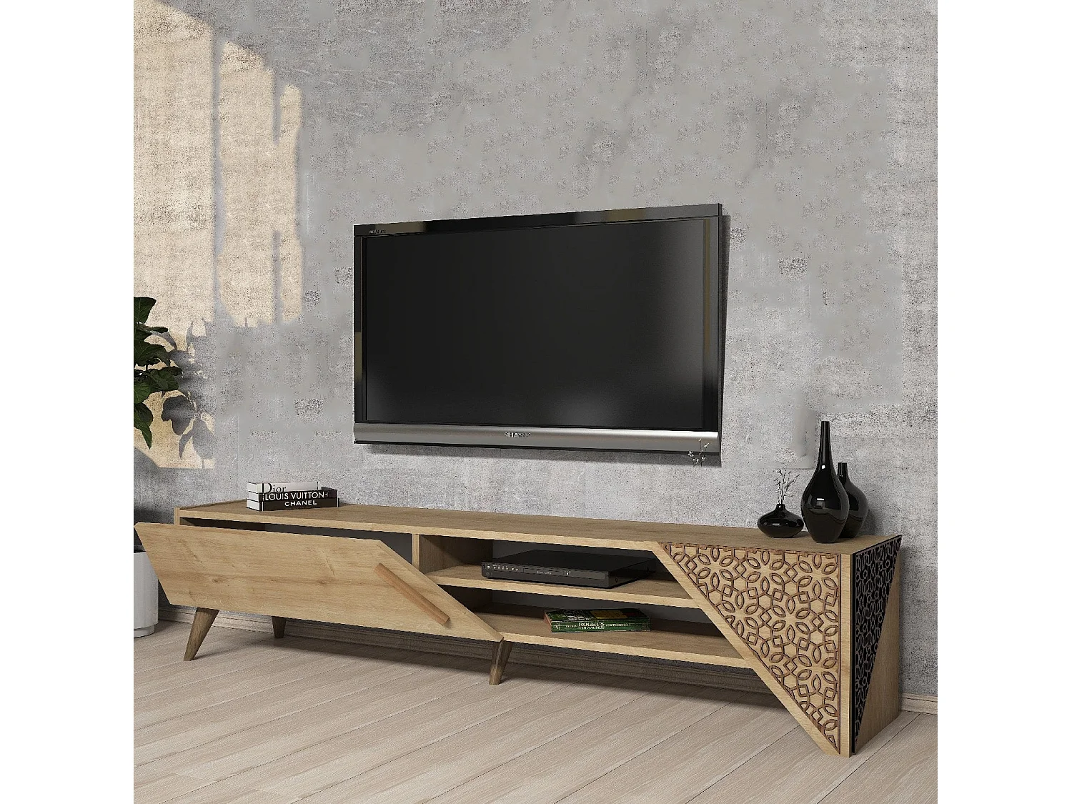 Meuble TV – 180 cm de large – Chêne – Panneaux de particules mélaminés