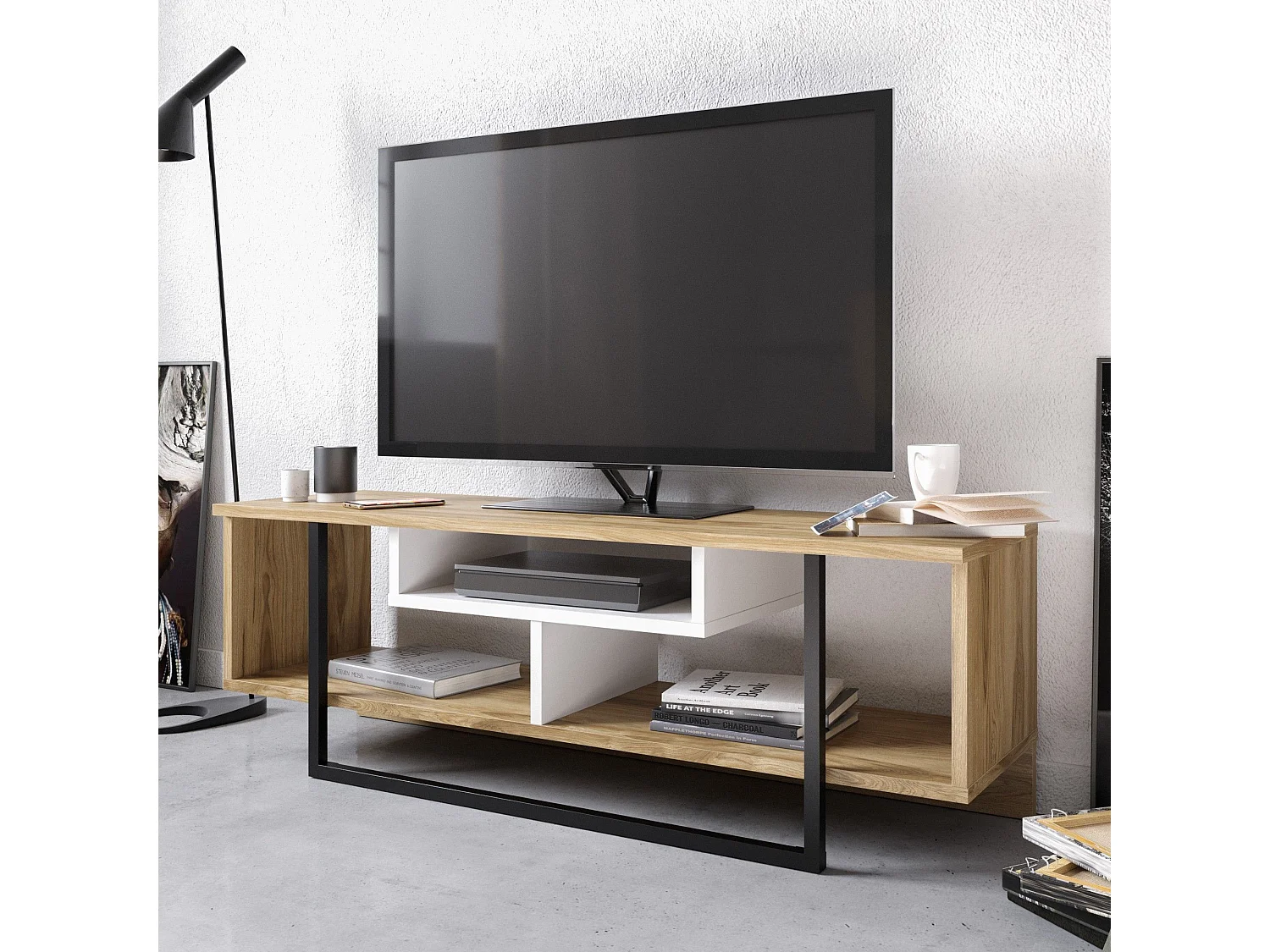 Moderne tv-standaard met wandmontagemogelijkheid, 119,4 cm, wit/zwart/eiken | 100% melamine gecoat, 18 mm dik | Stijlvol design met meerdere planken en opbergruimte
