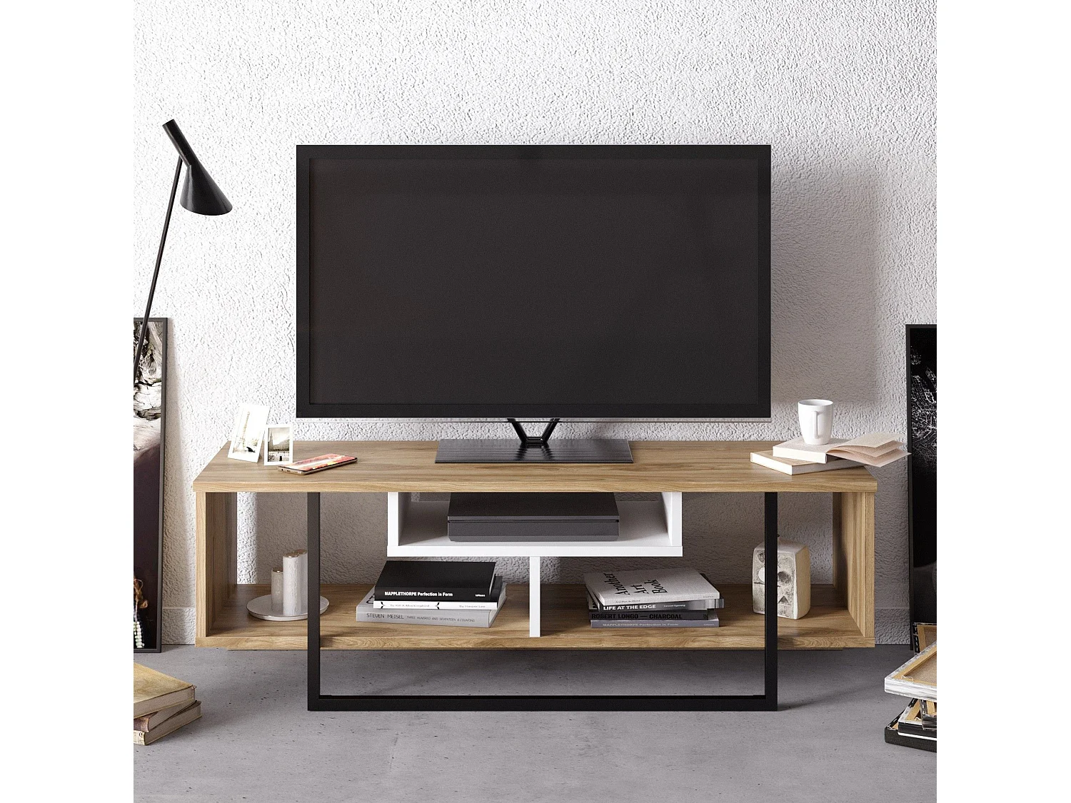 Moderne tv-standaard met wandmontagemogelijkheid, 119,4 cm, wit/zwart/eiken | 100% melamine gecoat, 18 mm dik | Stijlvol design met meerdere planken en opbergruimte