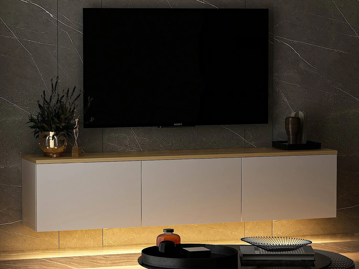 Meuble TV moderne avec éclairage LED – 160 cm – Blanc et Chêne – Panneau de particules mélaminé