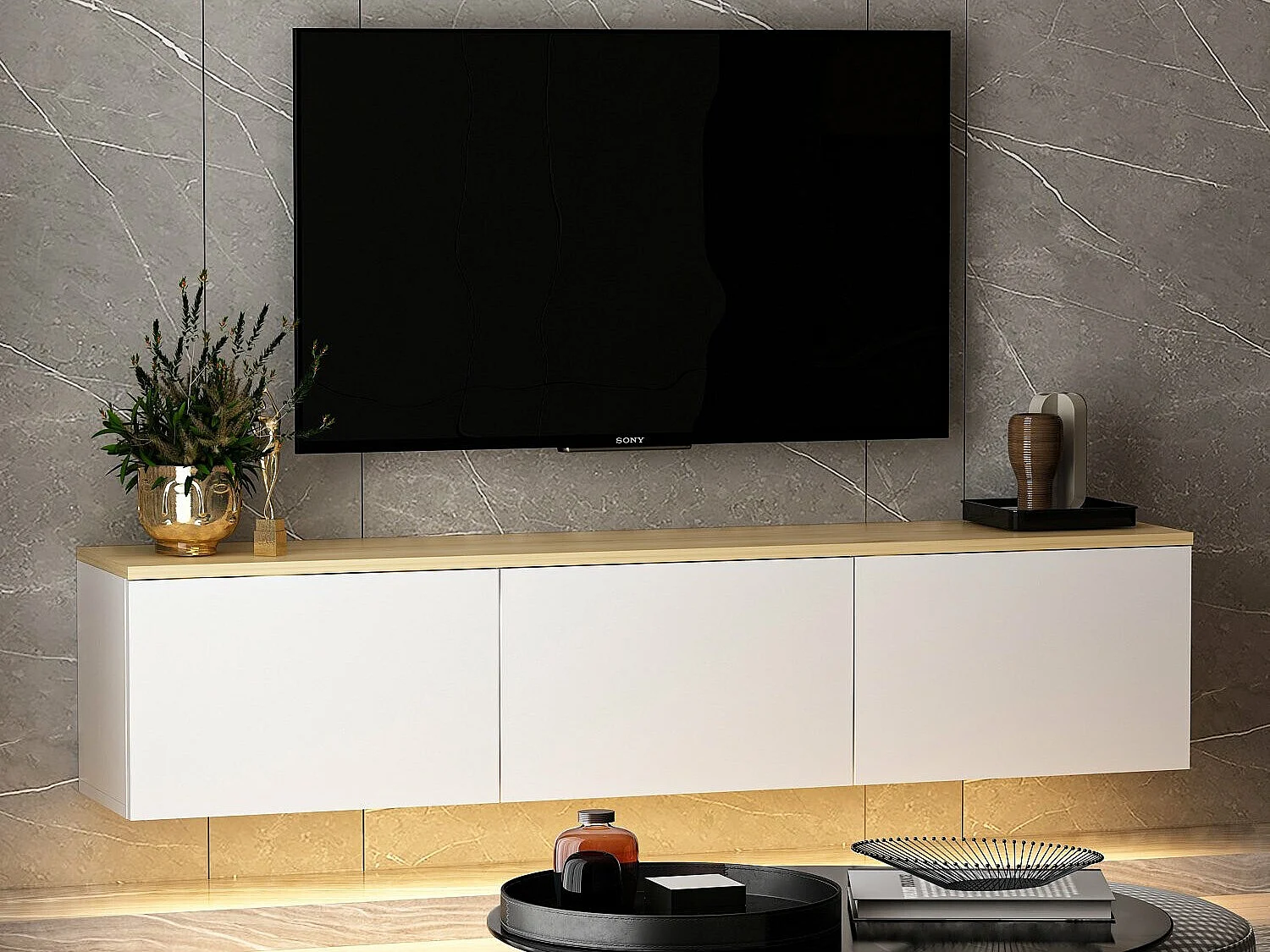 Meuble TV moderne avec éclairage LED – 160 cm – Blanc et Chêne – Panneau de particules mélaminé