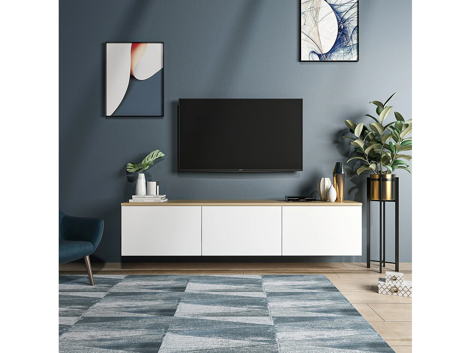 Meuble TV moderne avec éclairage LED – 160 cm – Blanc et Chêne – Panneau de particules mélaminé