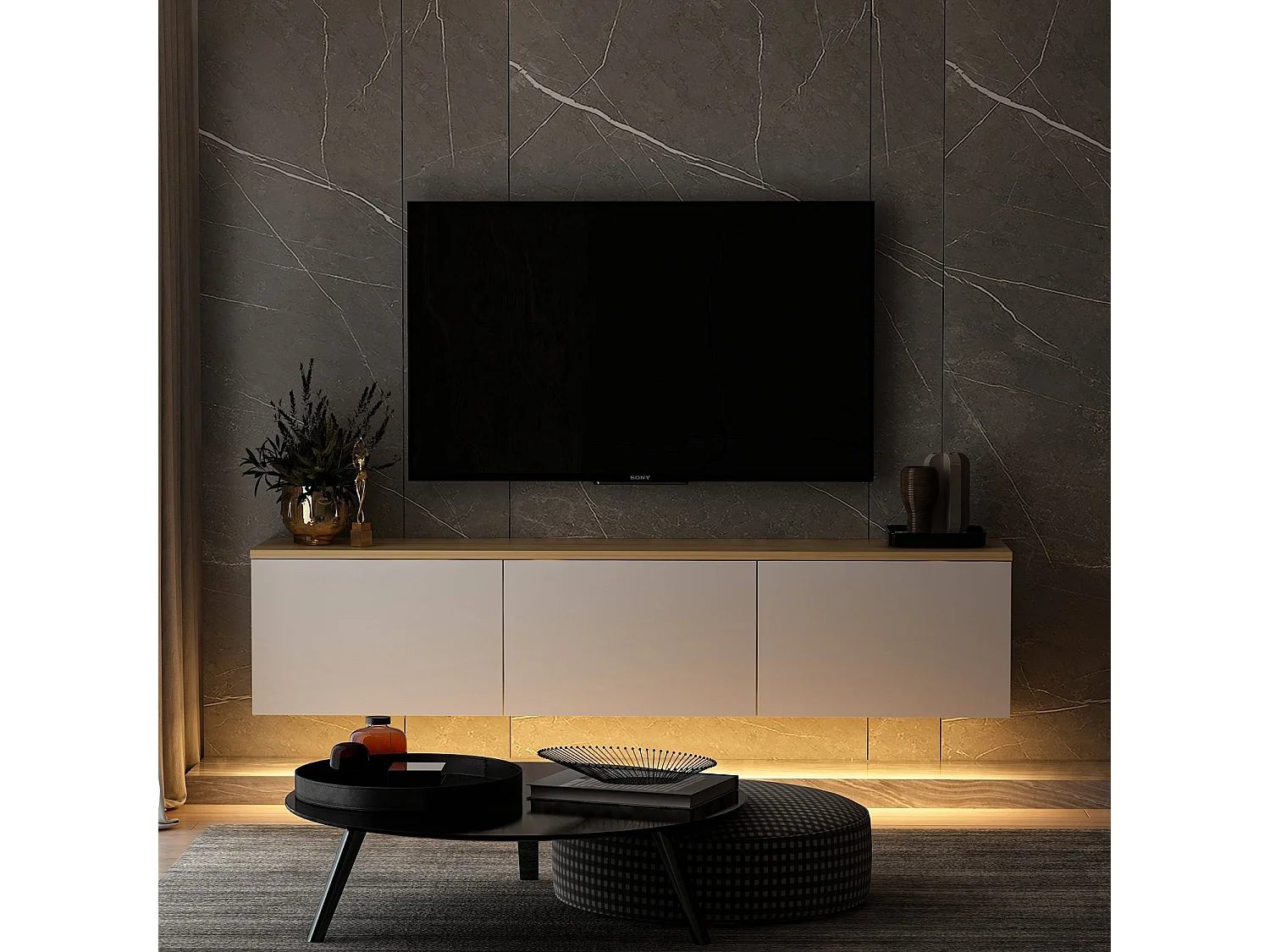 Moderner TV-Ständer mit LED-Leuchten – 160 cm – Weiß und Eiche – Melaminbeschichtete Spanplatte